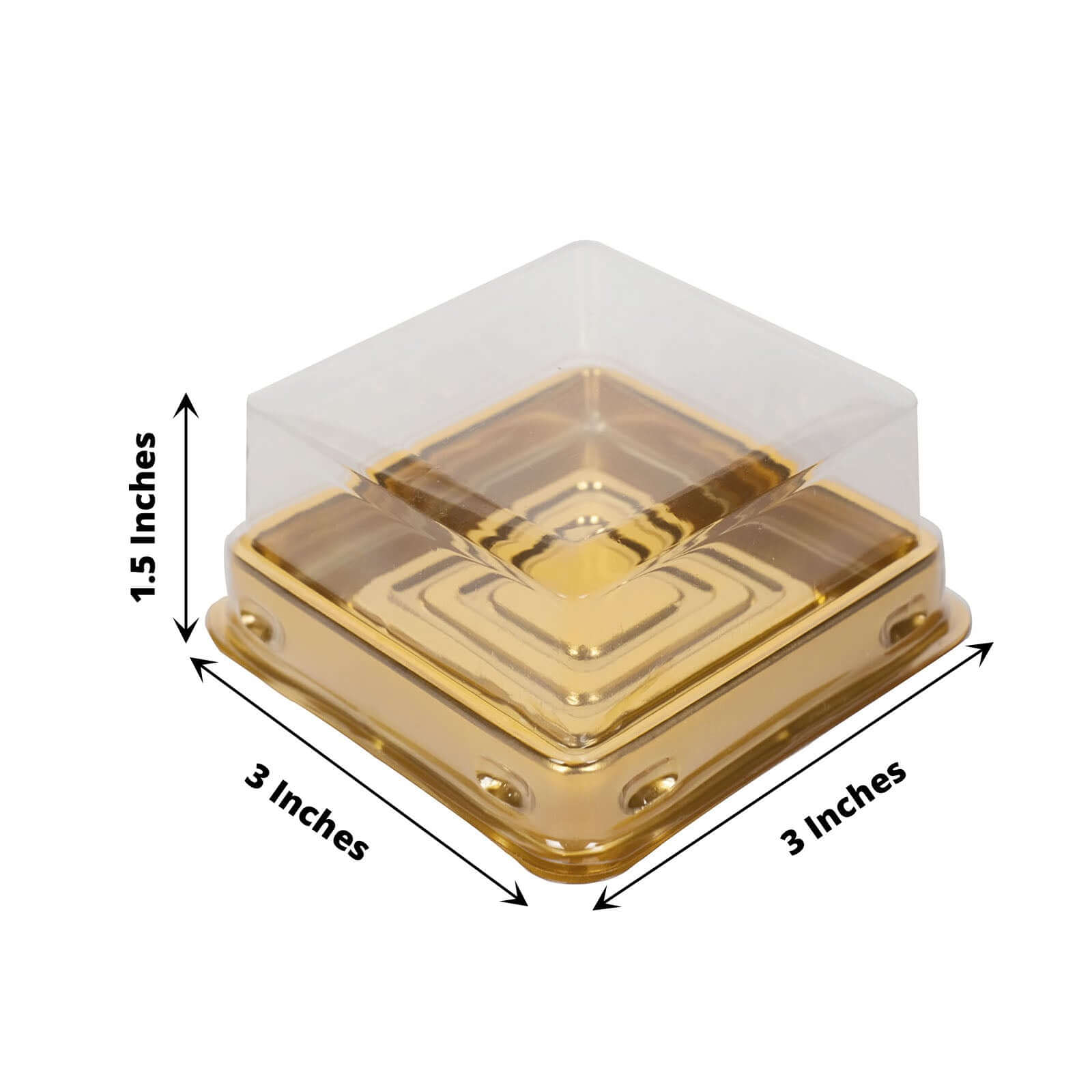 50-Pack Favor Containers Square Design Gold and Clear - Plastic Party Boxes for Cupcakes and Desserts 3"