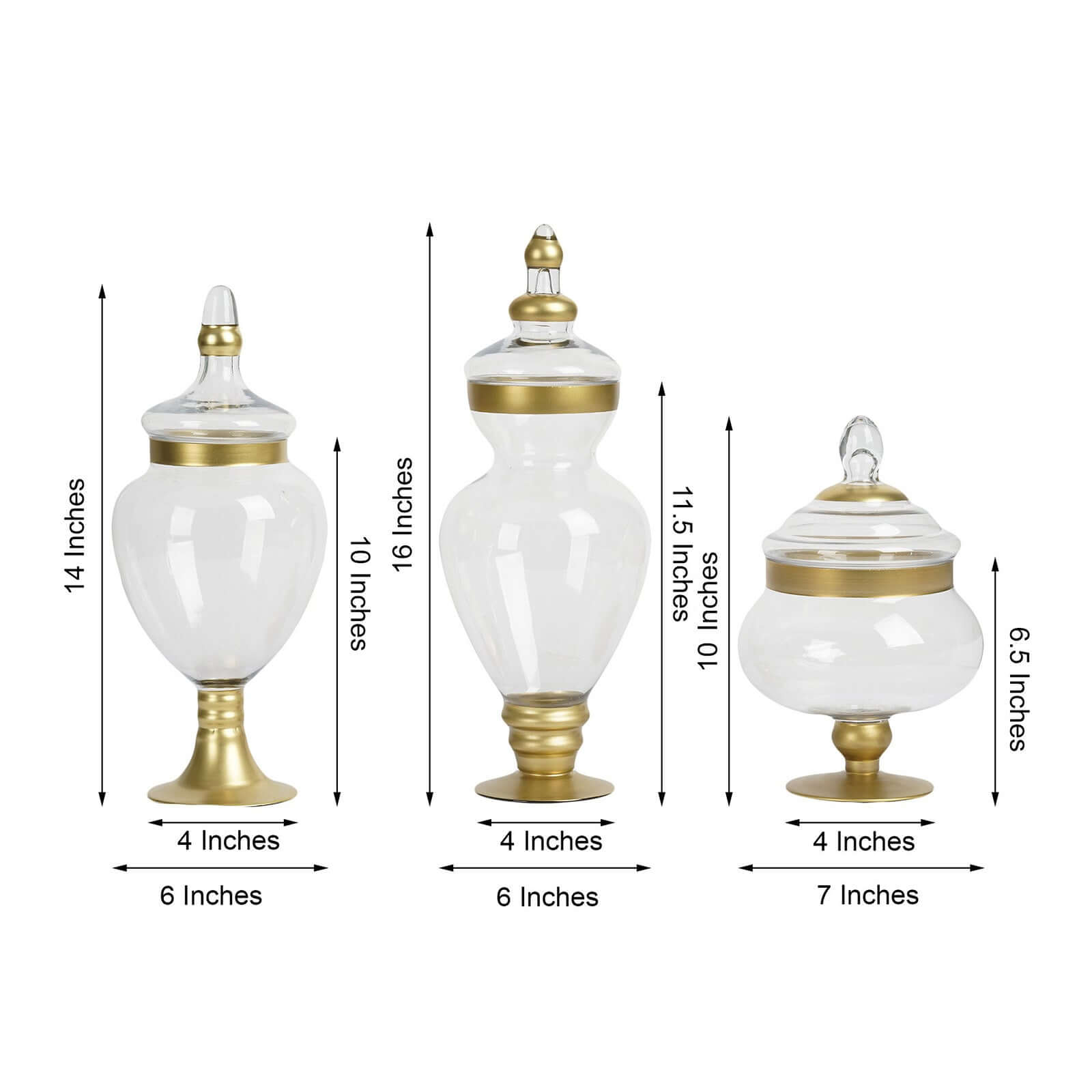 Set of 3 Glass Candy Jars Apothecary Design Gold Trim with Snap-On Lids - Large Stylish Containers for Parties 10"/14"/16"