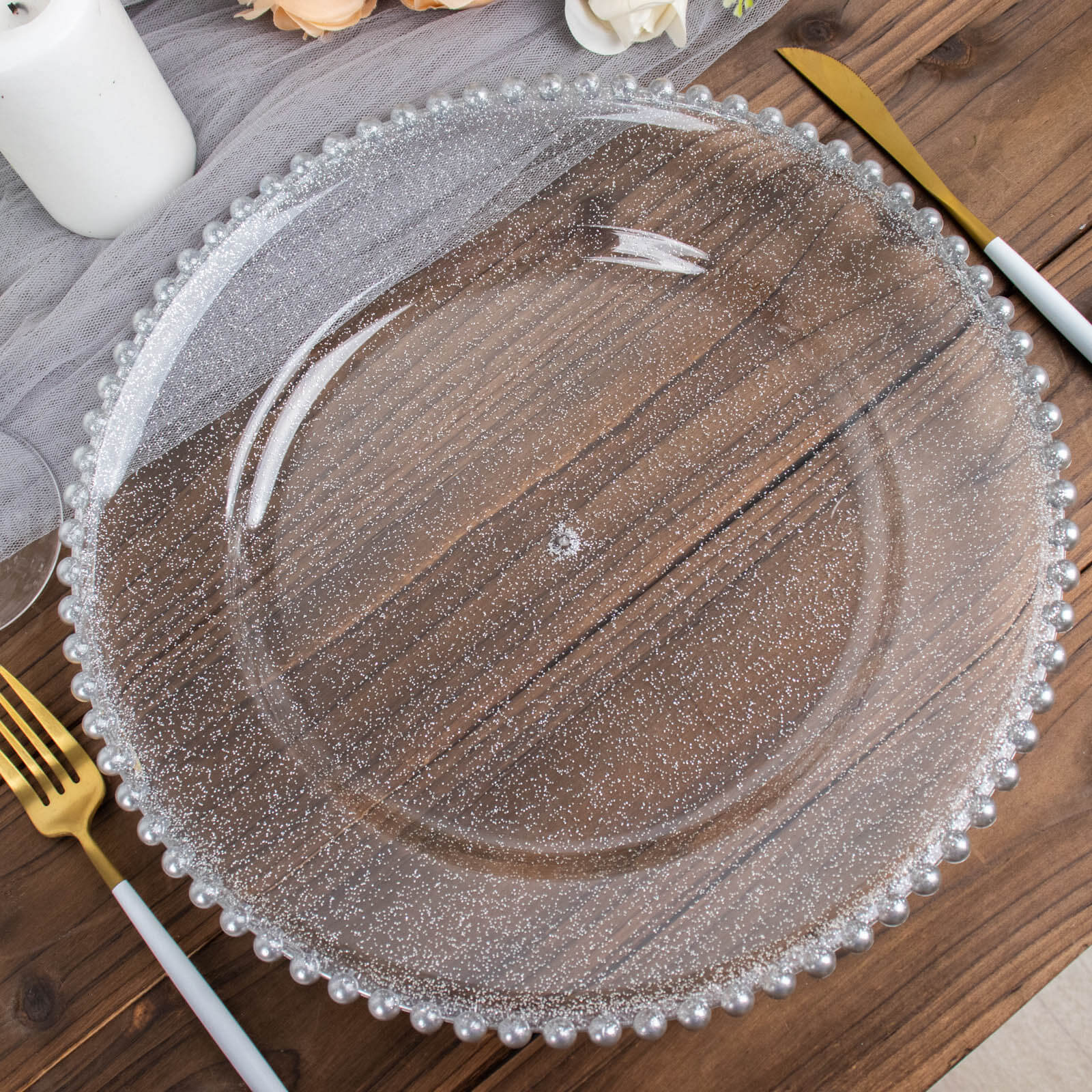 6-Pack Acrylic Round Charger Plates 13" in Clear Silver Glittered with Beaded Rim, Decorative Dinner Party Serving Plates
