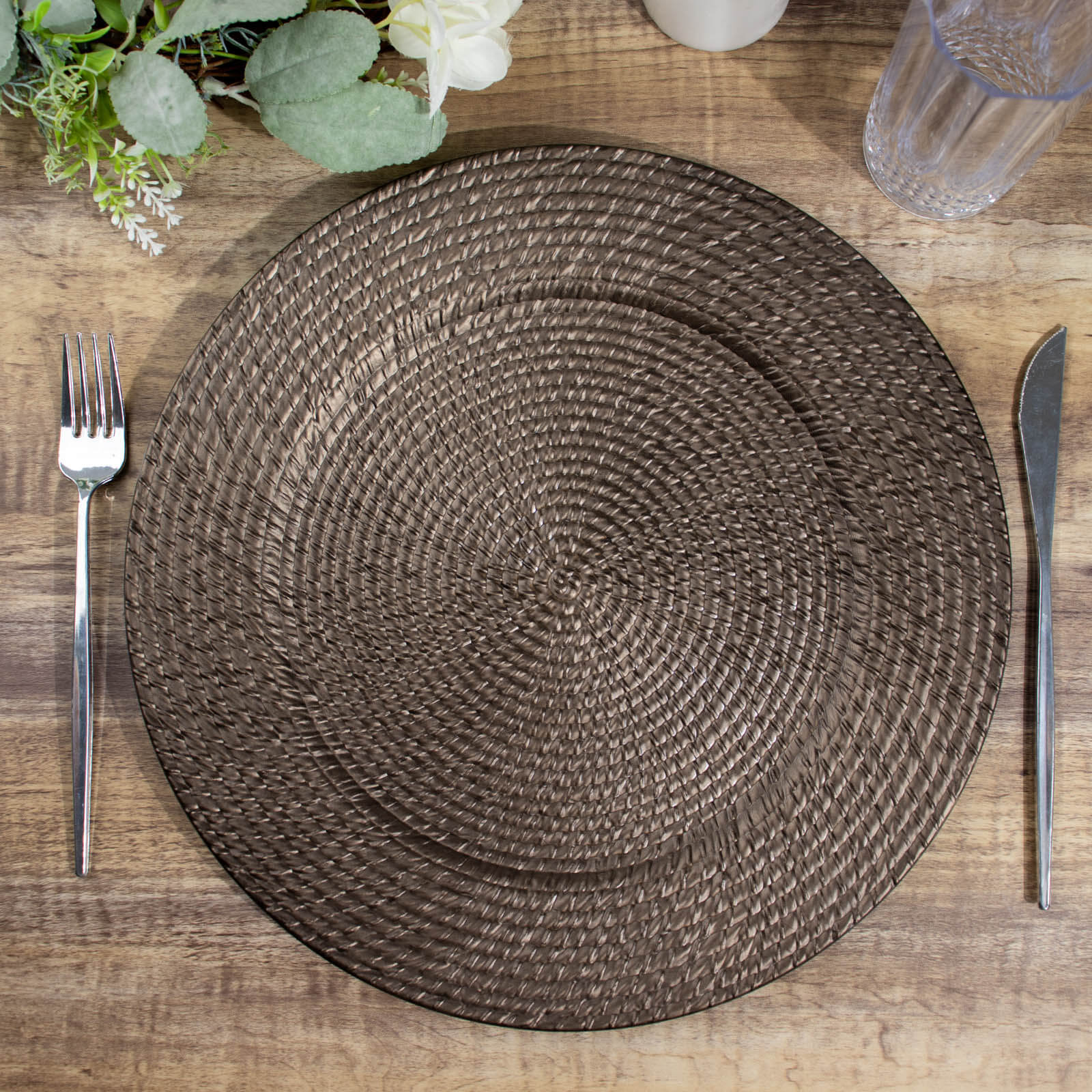 6-Pack Acrylic Round Charger Plates 13" in Natural Brown with Rattan-Like Design, Farmhouse Disposable Plastic Charger Tableware