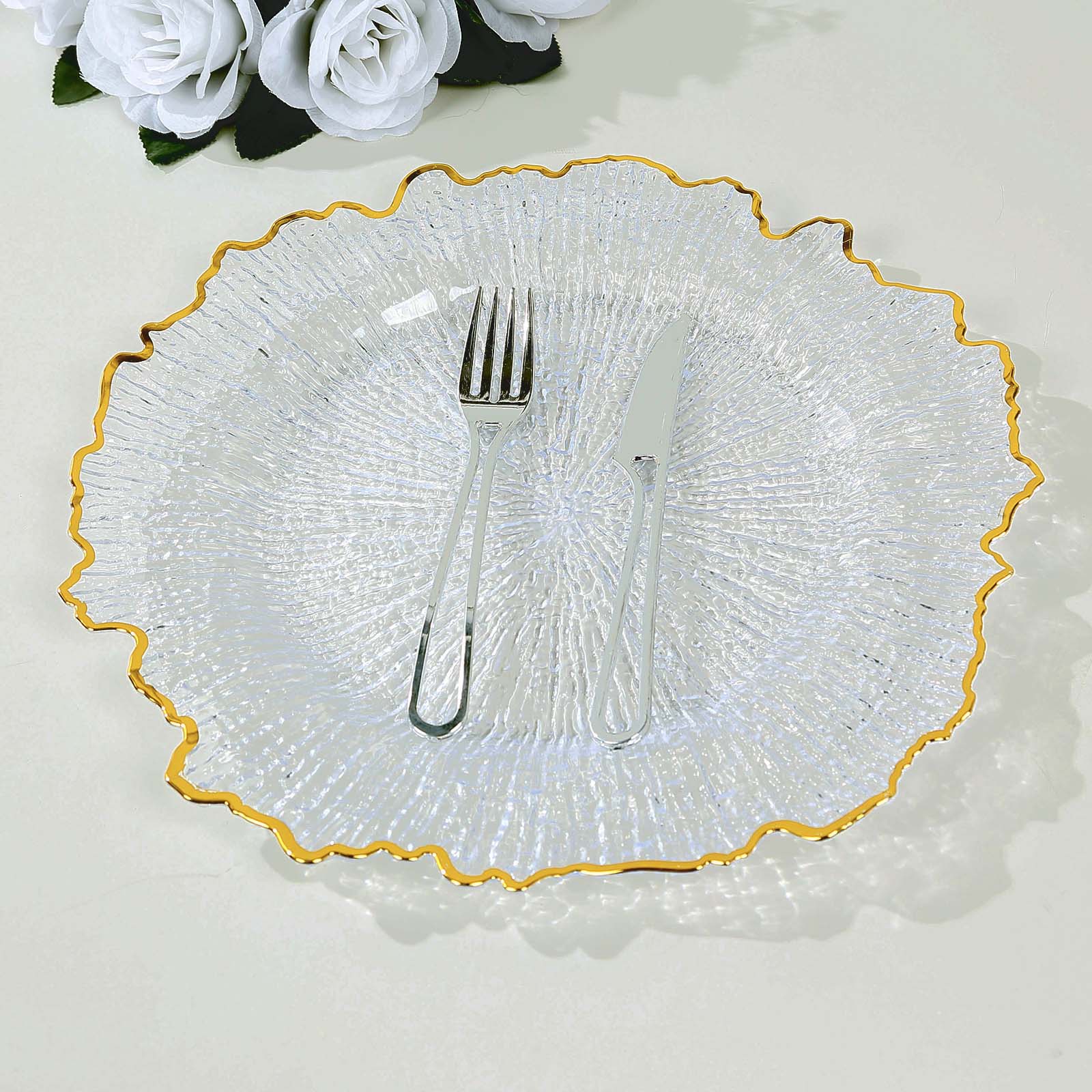 6-Pack Plastic Round Charger Plates 12" in Clear Reef Design with Gold Rim, Decorative Dinner Party Serving Plates