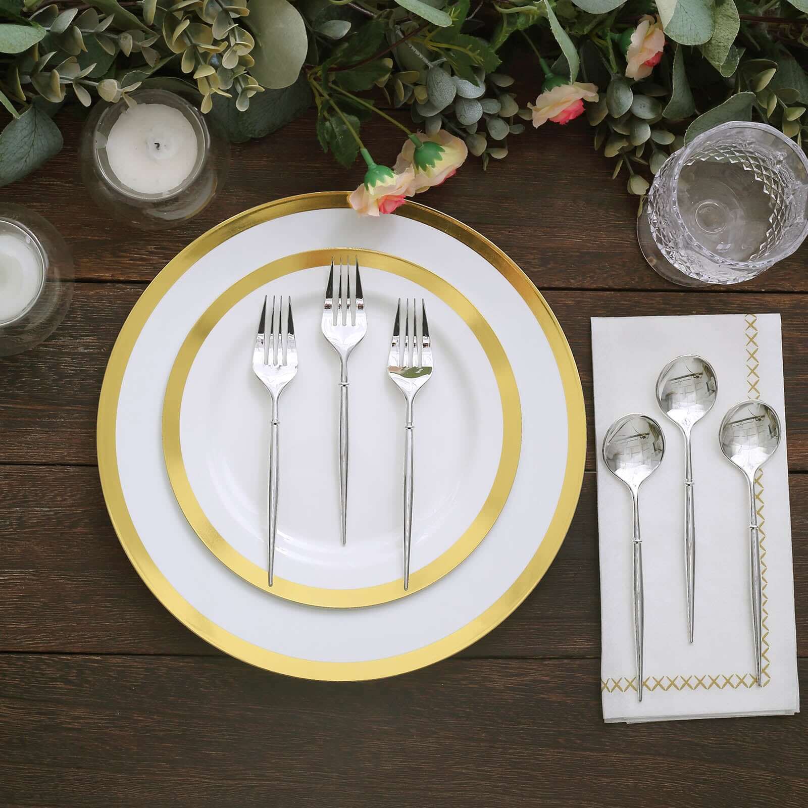 24-Pack Plastic Fork and Spoon Set Metallic Silver - Heavy Duty Disposable Modern Utensils 6"