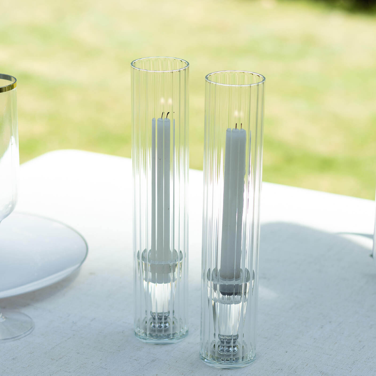 2-Pack Clear Ribbed Glass Hurricane Shades Open End Design - Stylish Candelabra Pillar Candle Holder Table Centerpiece 10"