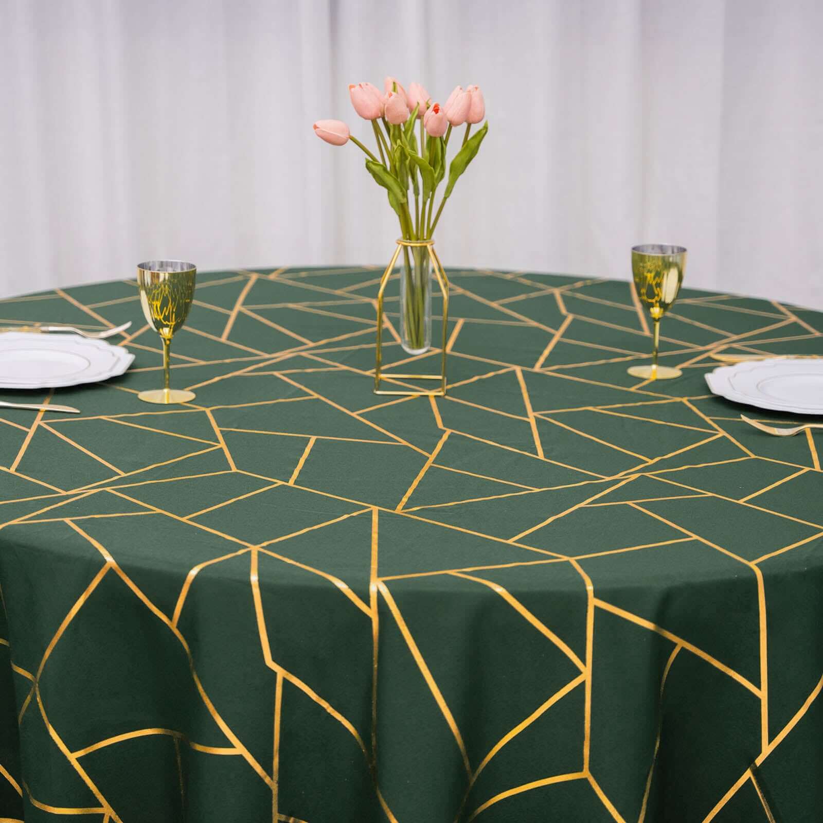 Polyester 120" Round Tablecloth Hunter with Gold Foil Geometric Pattern Wrinkle-Resistant Seamless Table Cover