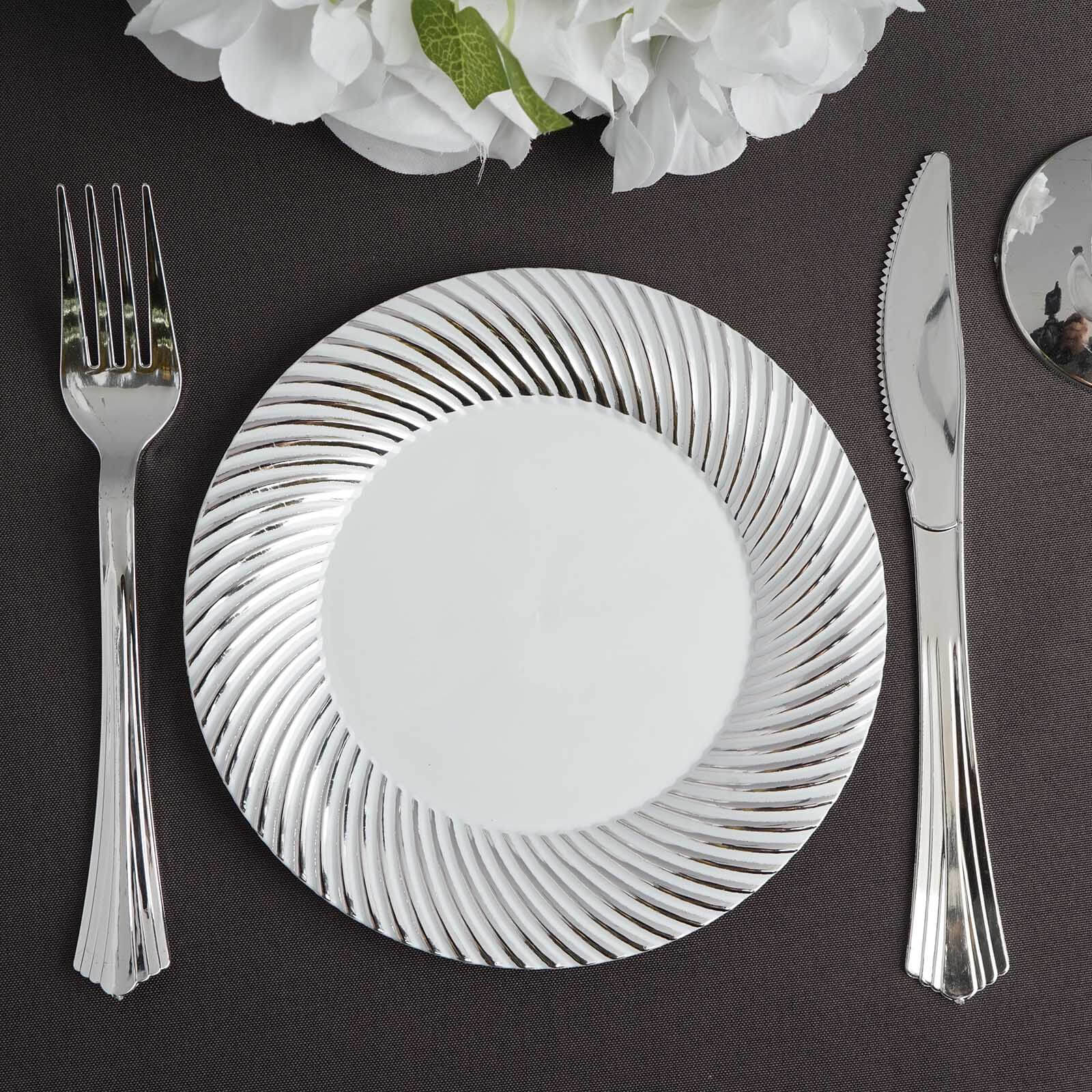 10-Pack Plastic Dessert Plates White/Silver Swirl Rim - Disposable Plates for Appetizers 6"