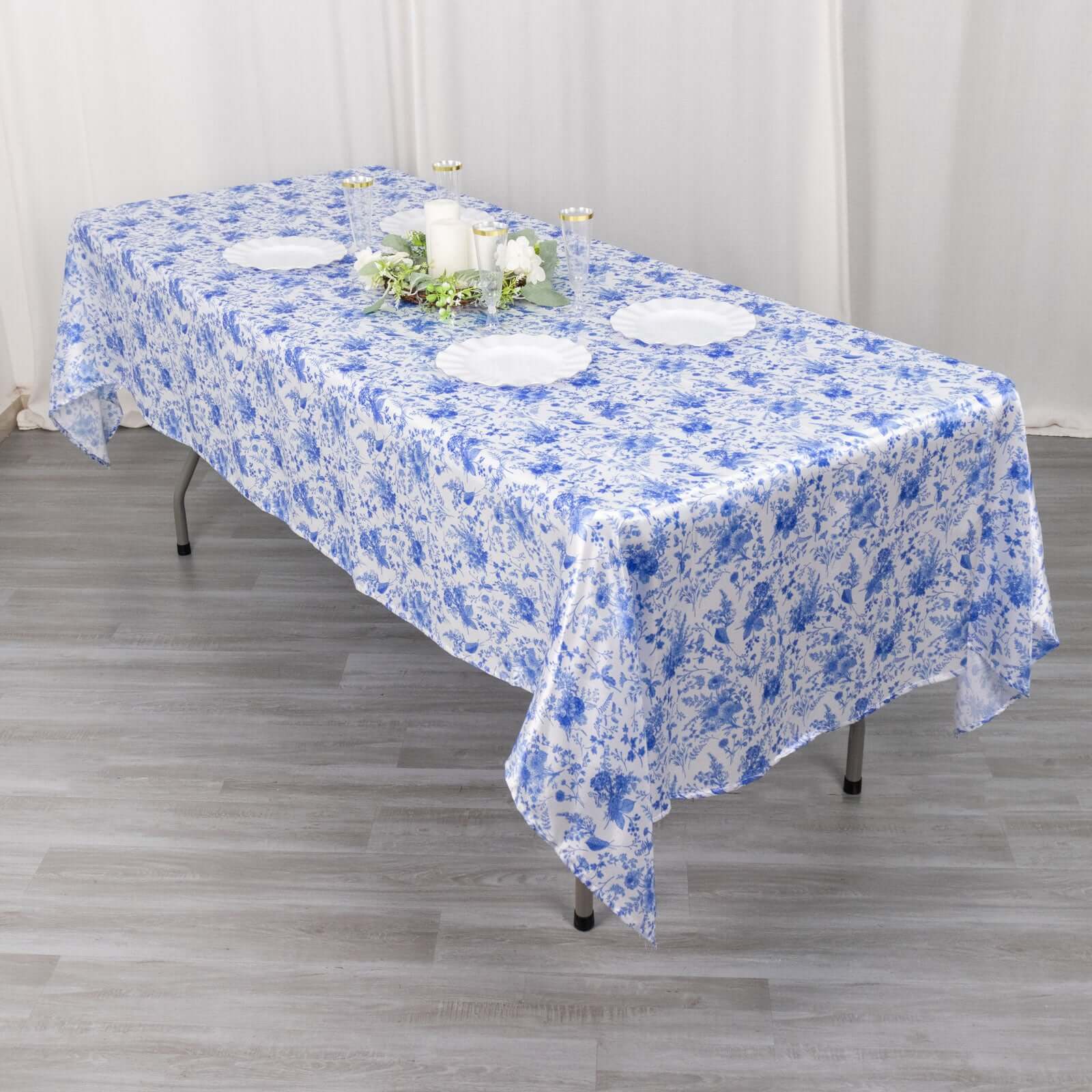 Satin Round 60"x102" Tablecloth White/Blue French Toile Design - Stylish & Wrinkle-Resistant Table Cover