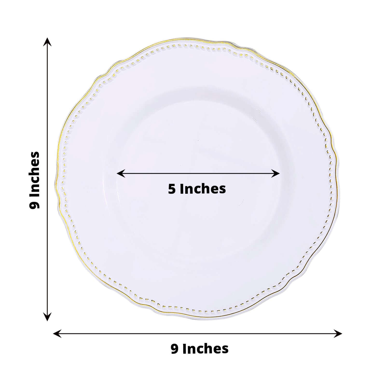 10-Pack Plastic Dinner Plates in White with Gold Scalloped Rim - Disposable Party Plates 9"