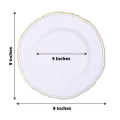 10-Pack Plastic Dinner Plates in White with Gold Scalloped Rim - Disposable Party Plates 9"