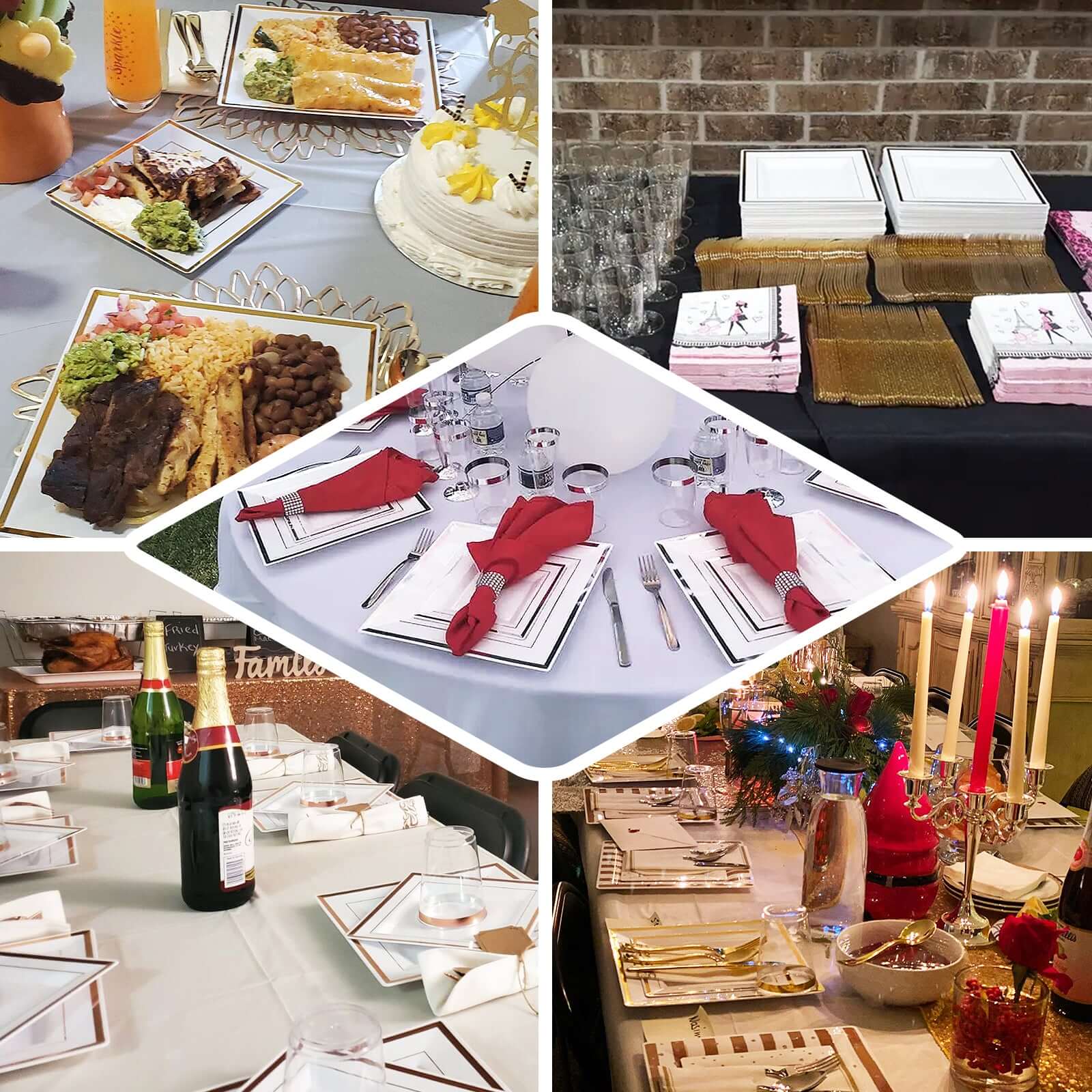 10-Pack Plastic Dinner Plates White Square with Silver Trim - Lightweight Disposable Plates for Events 10"