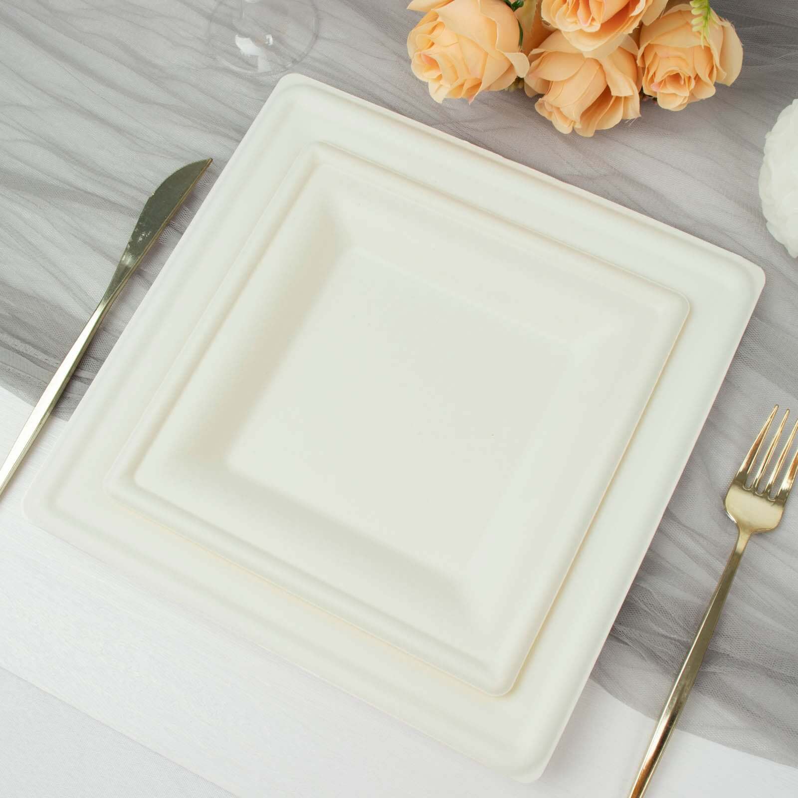 50-Pack Bagasse 8" Square Dessert Plates White with Wide Rim - Eco Friendly Sugarcane Appetizer/Salad Plates for Parties & Events