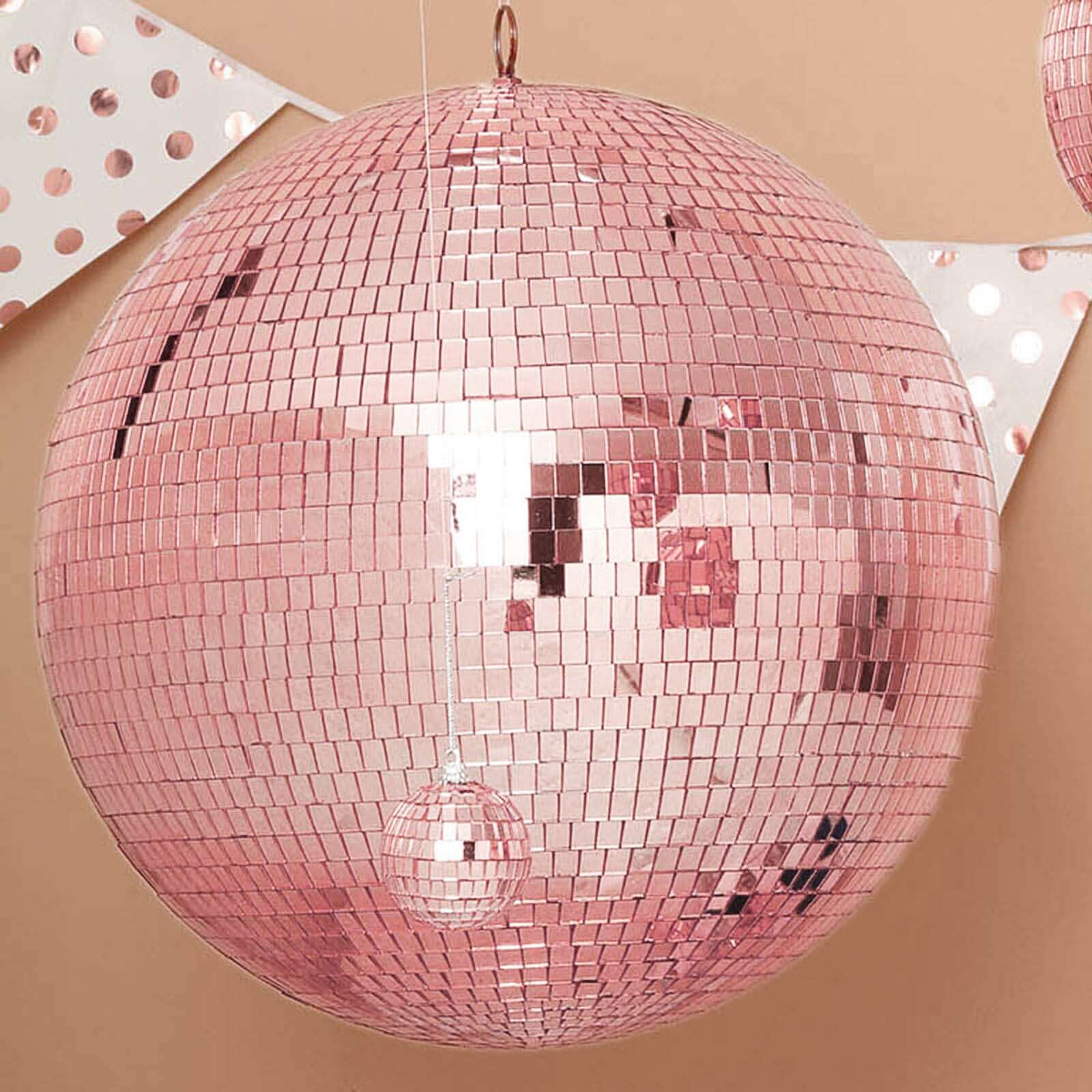 16" Large Rose Gold Foam Disco Mirror Ball With Hanging Swivel Ring, Holiday Party Decor