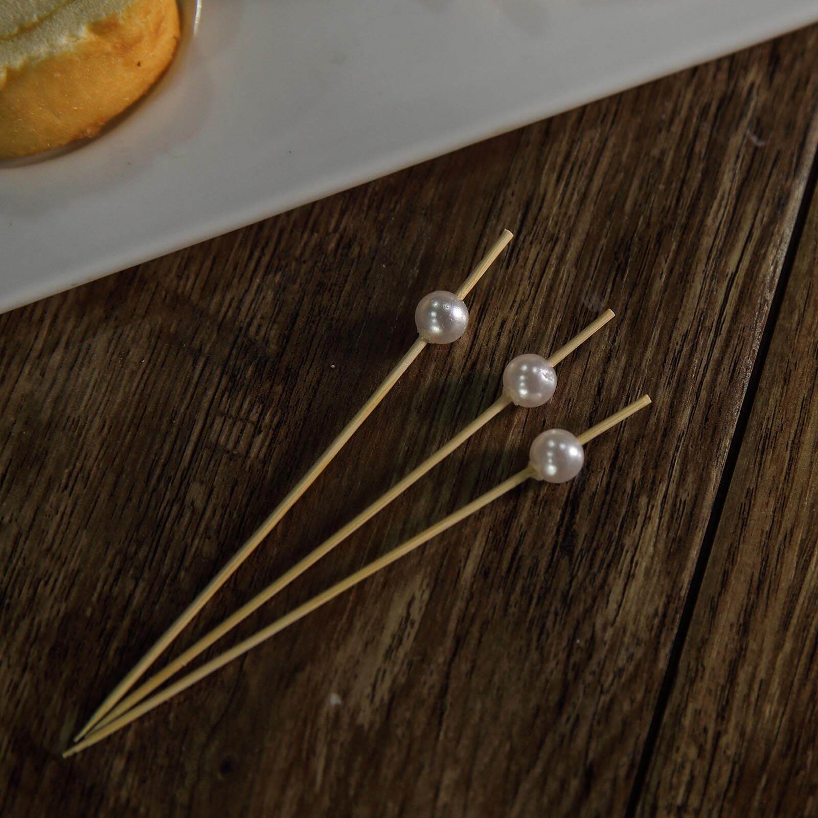 100-Pack Bamboo Cocktail Picks Natural Pearl Decorative Top Design - Eco Friendly Stir Sticks 5"