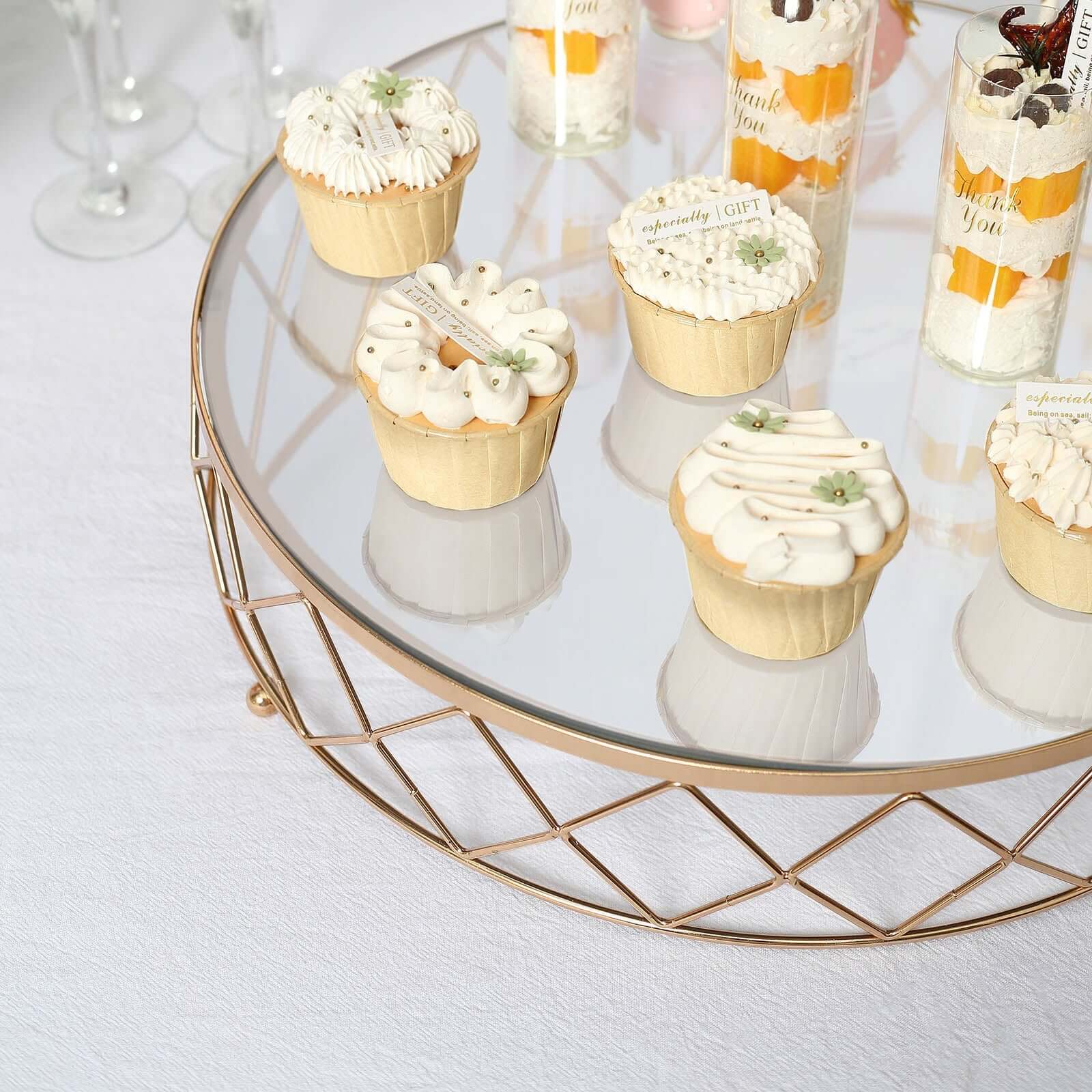 Metal Cake Stand Geometric Diamond Cut Design Gold with Glass Top - Dessert Display Riser 16"