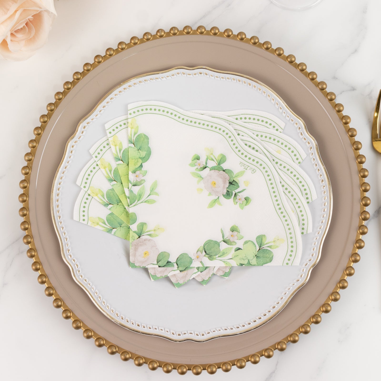 25-Pack Round Paper Cocktail Napkins with Floral Greenery and Scalloped Edge White - Disposable 2 Ply Beverage Napkins 12"