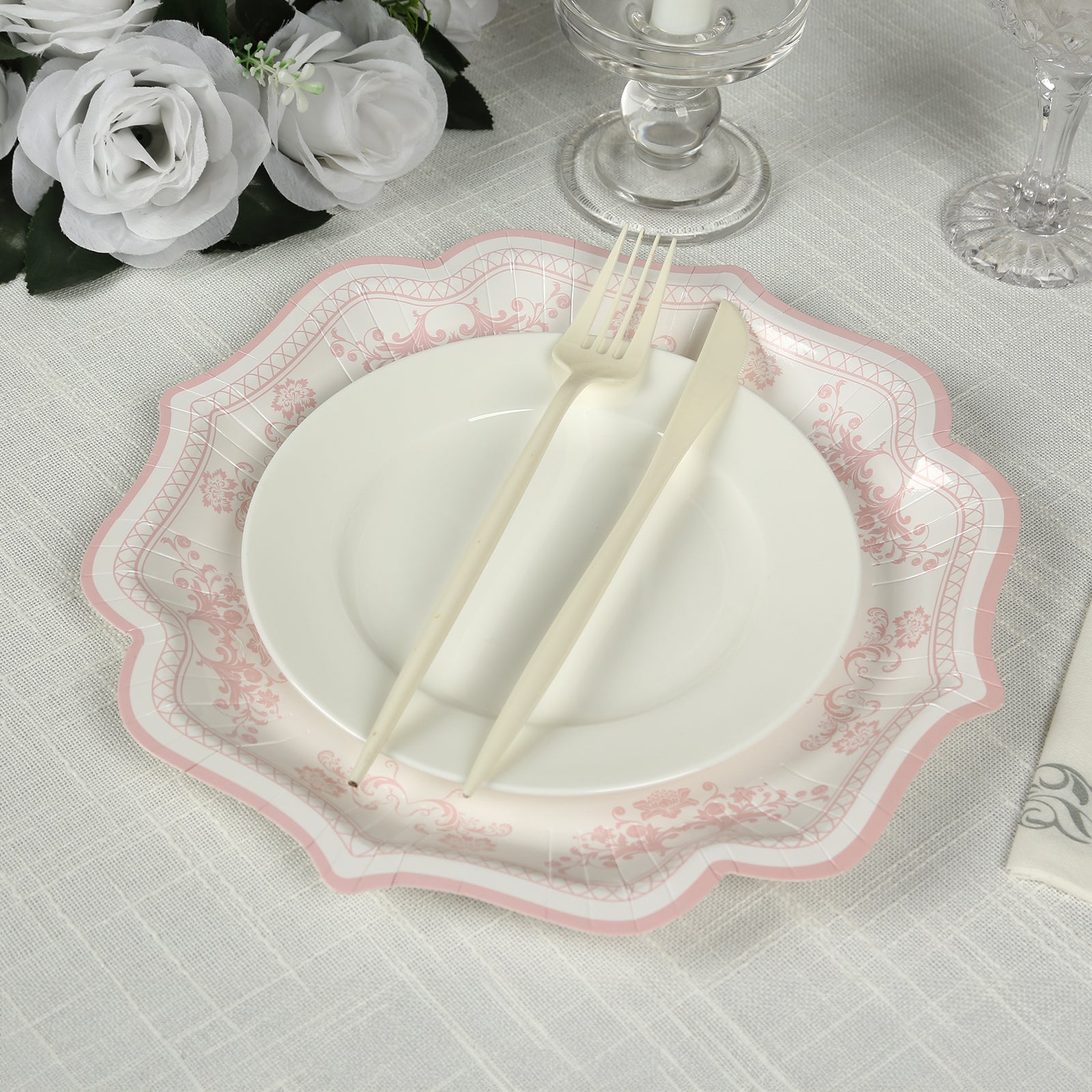 25-Pack Paper Dessert Plates in White with Pink Damask Floral Print & Scallop Rim - Stylish Disposable 300GSM Floral Salad Appetizer Plates 8"