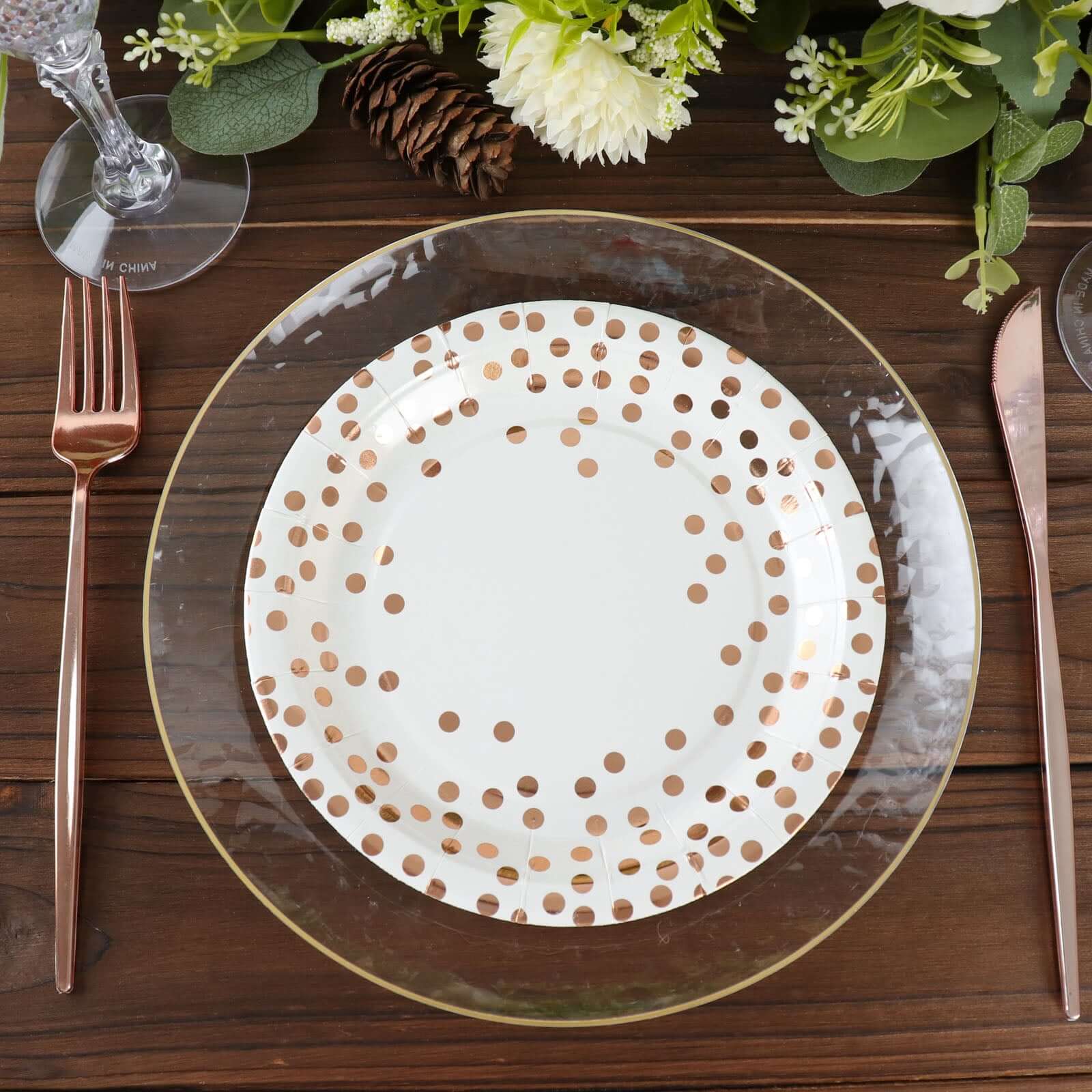 25 Pack 7" White Rose Gold Polka Dot Dessert Appetizer Paper Plates, Disposable Salad Party Plates - 300 GSM