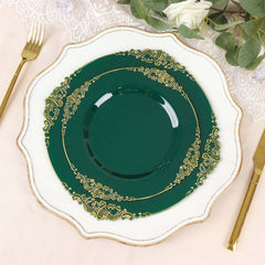 10-Pack Plastic 8" Round Dessert Plates in Hunter Emerald Green with Gold Leaf Embossed Rim - Disposable Vintage Baroque Style Salad Plates