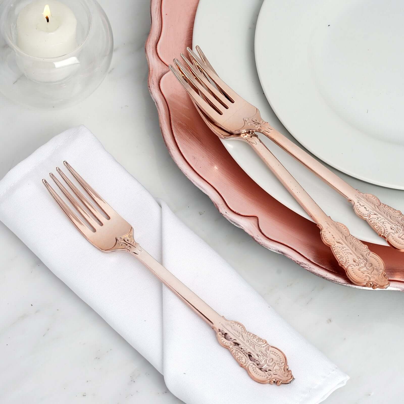 24 Pack Metallic Rose Gold 8" Baroque Style Heavy Duty Plastic Forks