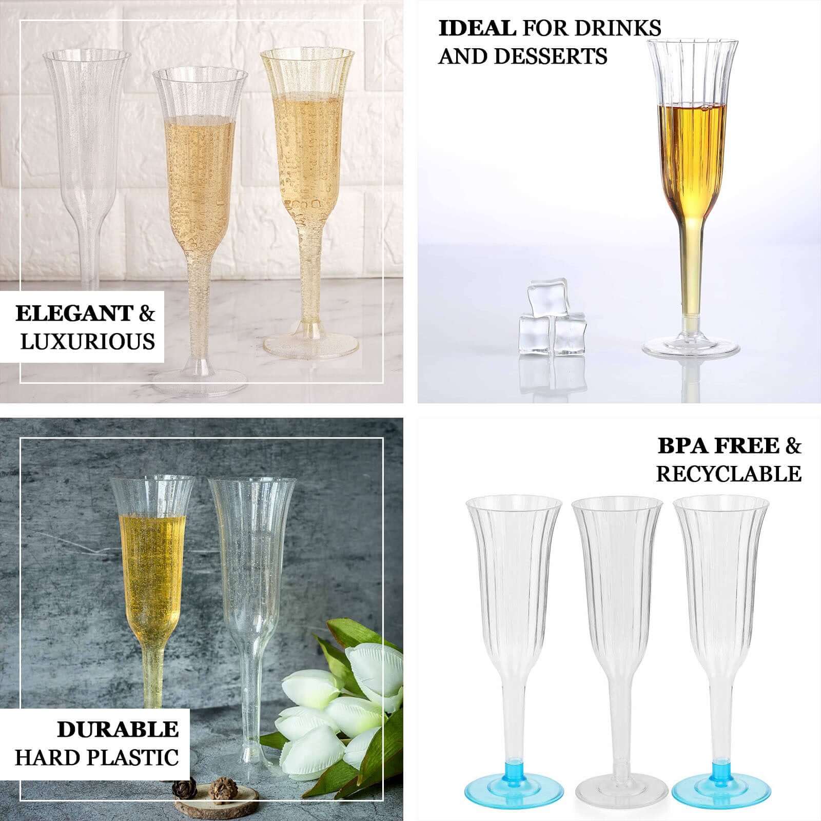 12-Pack Plastic Champagne Flutes Transparent Amber Gold Flared Design - Lightweight Disposable Toasting Glasses 6oz
