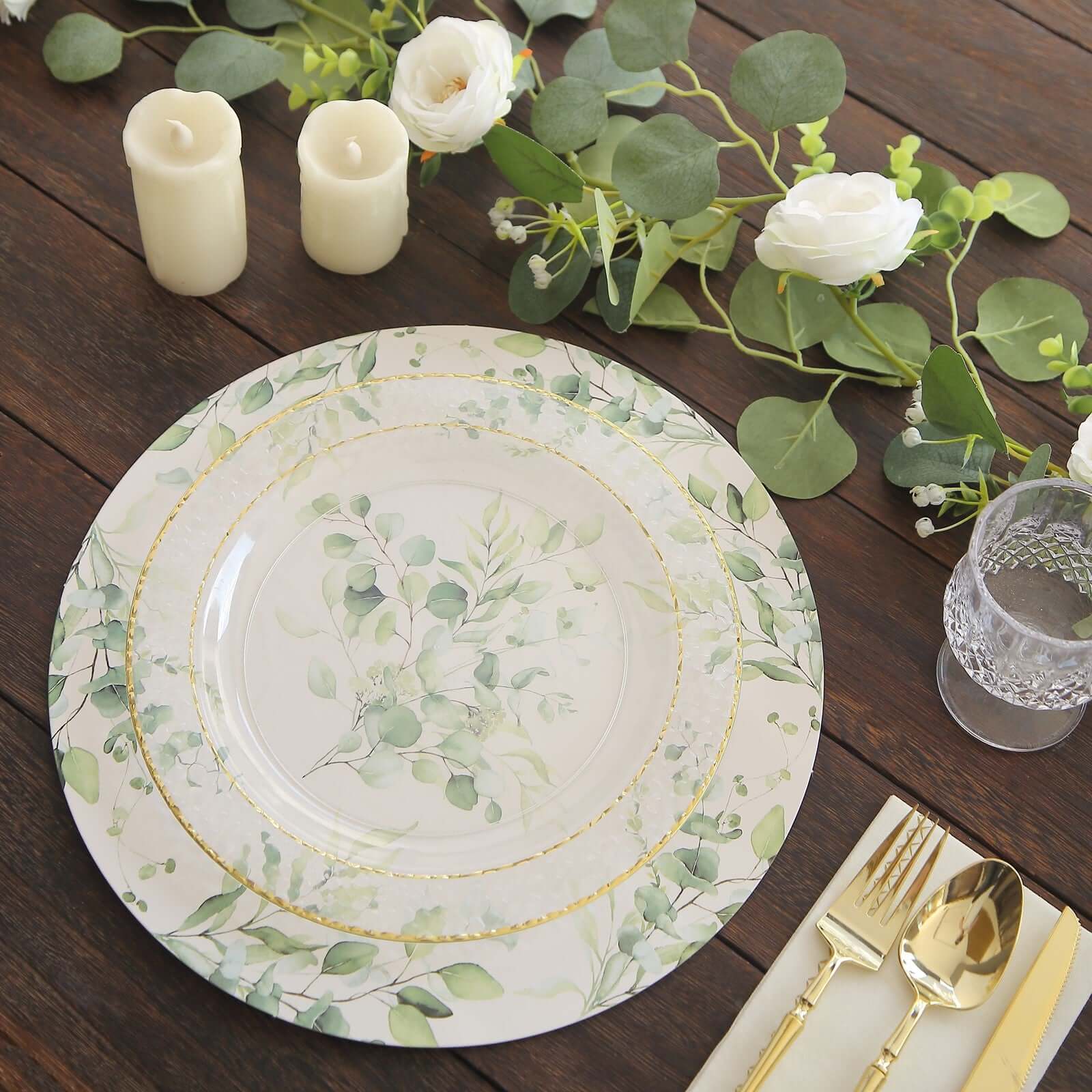 6-Pack Disposable Charger Plates in Eucalyptus Leaves Print 13" in White/Green - 700GSM Floral Paper Chargers for Stylish & Easy Cleanup