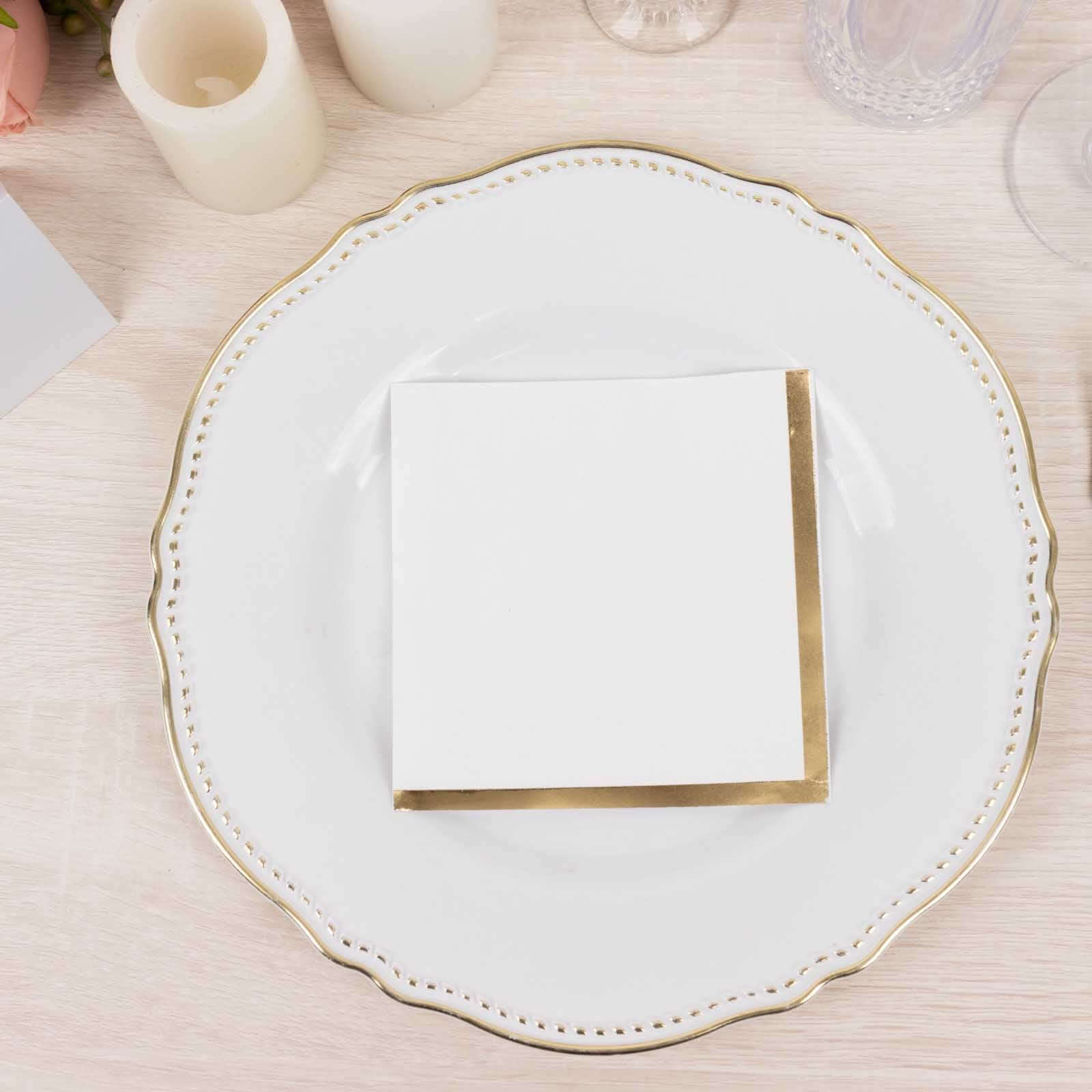 50-Pack Paper Beverage Napkins White with Gold Foil Edge - 2 Ply Disposable Soft 18GSM Cocktail Napkins for Events 5"x5"