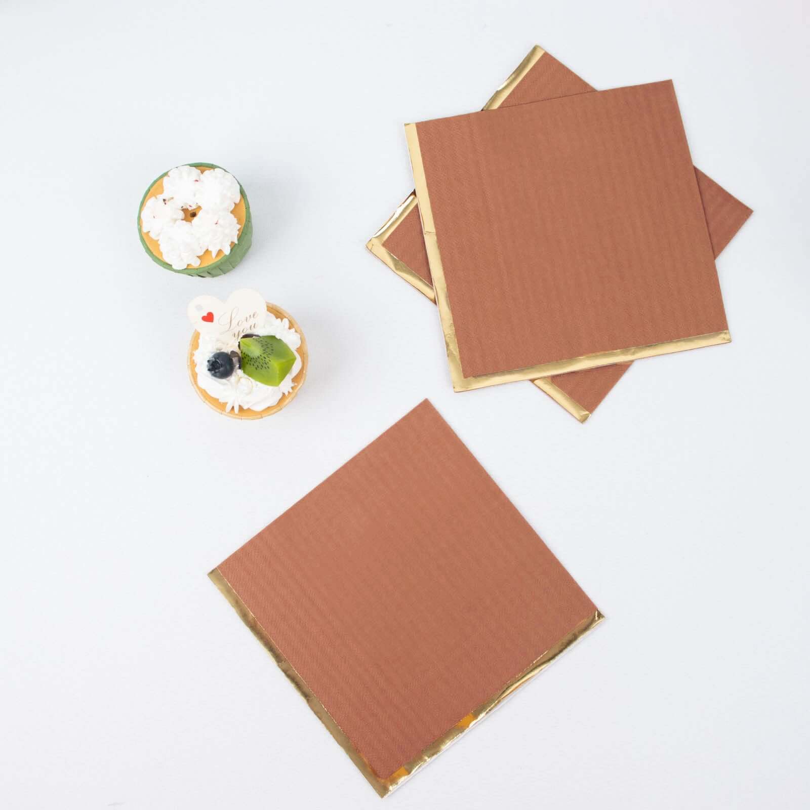 50-Pack Paper Beverage Napkins with Gold Foil Edge Terracotta (Rust) - Disposable 2 Ply Cocktail Napkins for Events 6.5"x6.5"