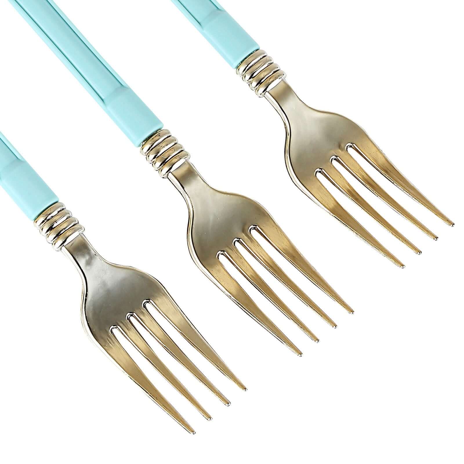 24-Pack Plastic Forks Gold with Light Blue Handles - Durable Food Safe Disposable Silverware for Lunch Buffets & Catering Services 7"