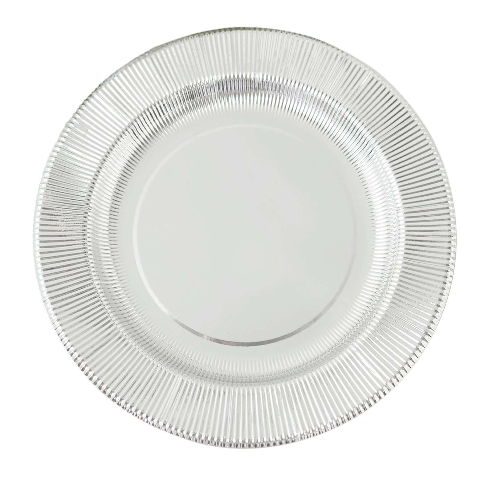 25-Pack Paper 10" Round Dinner Plates in Metallic Silver Sunray Design - Disposable Heavy Duty 350GSM Party Plates