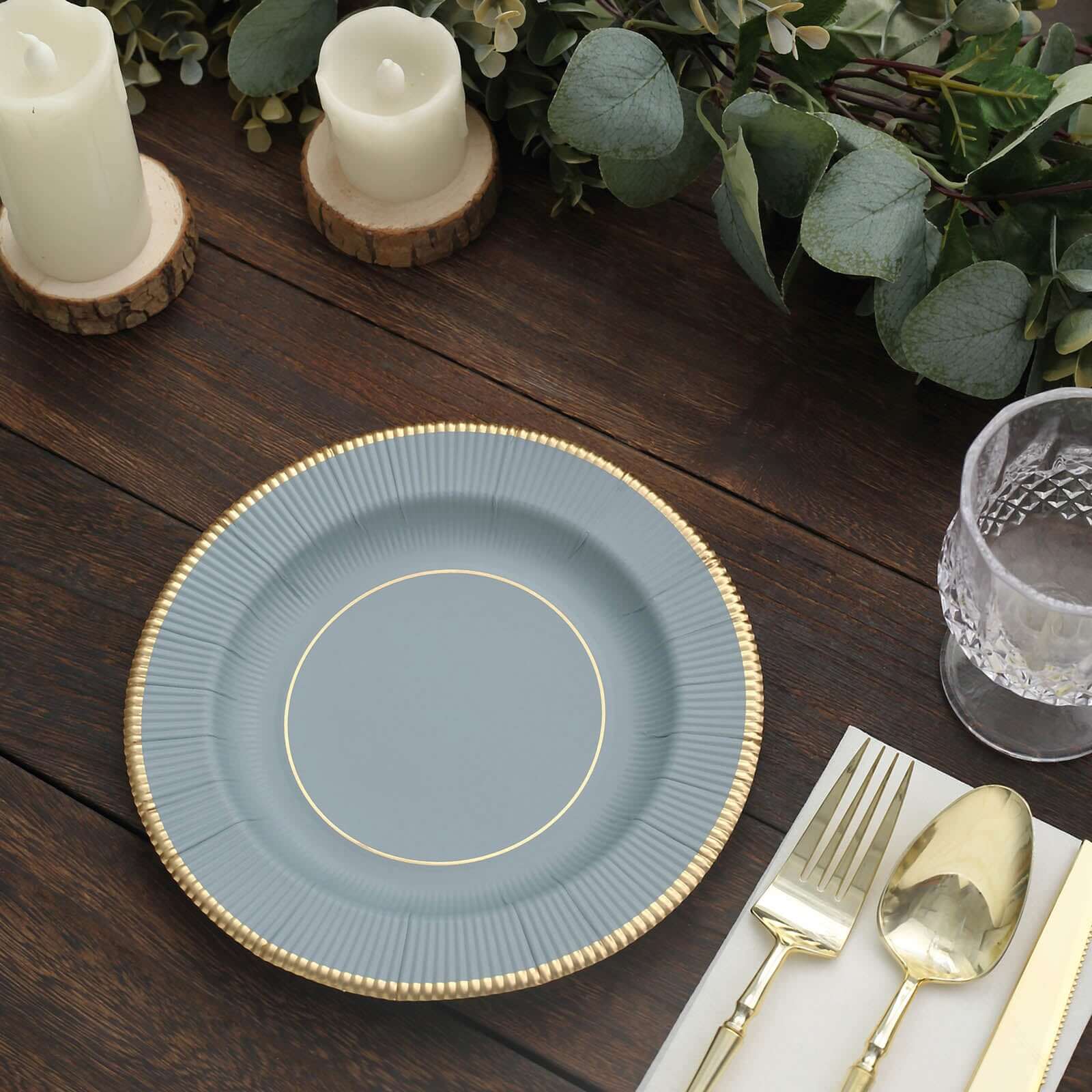 25-Pack Paper 8" Round Dessert Plates in Dusty Blue Sunray Design with Gold Rim - Disposable Heavy Duty 350GSM Appetizer Salad Plates