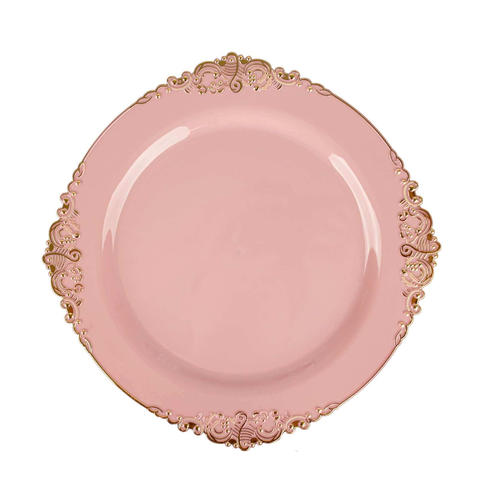 10-Pack Plastic 8" Round Dessert Plates in Dusty Rose with Gold Leaf Embossed Rim - Disposable Vintage Baroque Style Salad Plates
