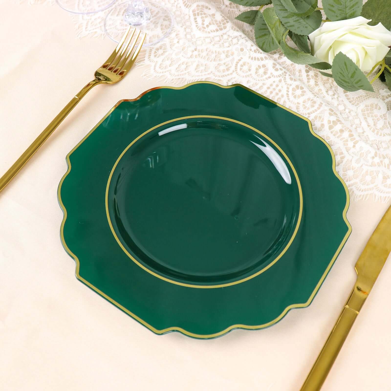 10 Pack 8" Hunter Emerald Green Hard Plastic Dessert Appetizer Plates, Disposable Tableware, Baroque Heavy Duty Salad Plates with Gold Rim