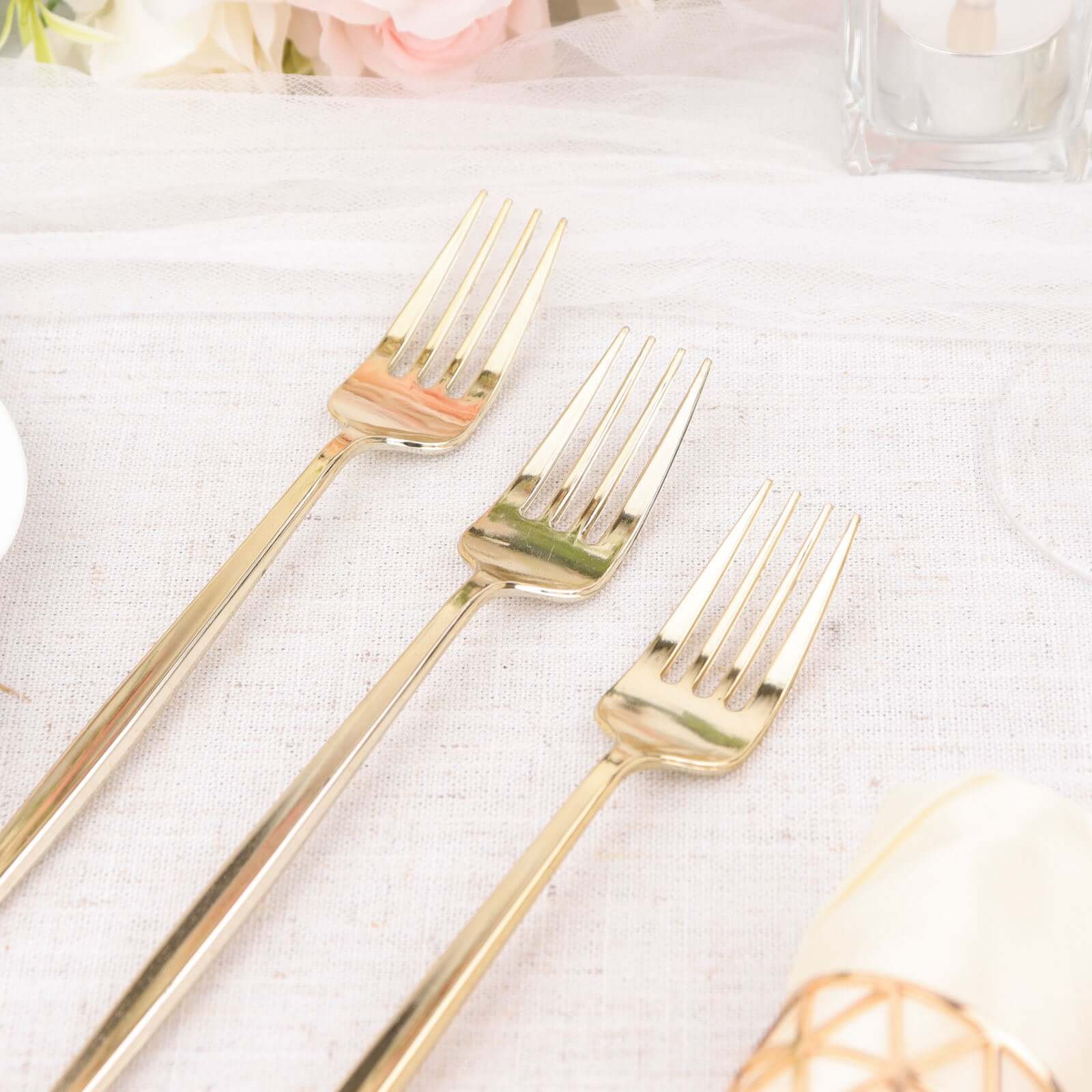 24 Pack 8" Glossy Gold Heavy Duty Plastic Silverware Forks Cutlery, Premium Disposable Sleek Flatware