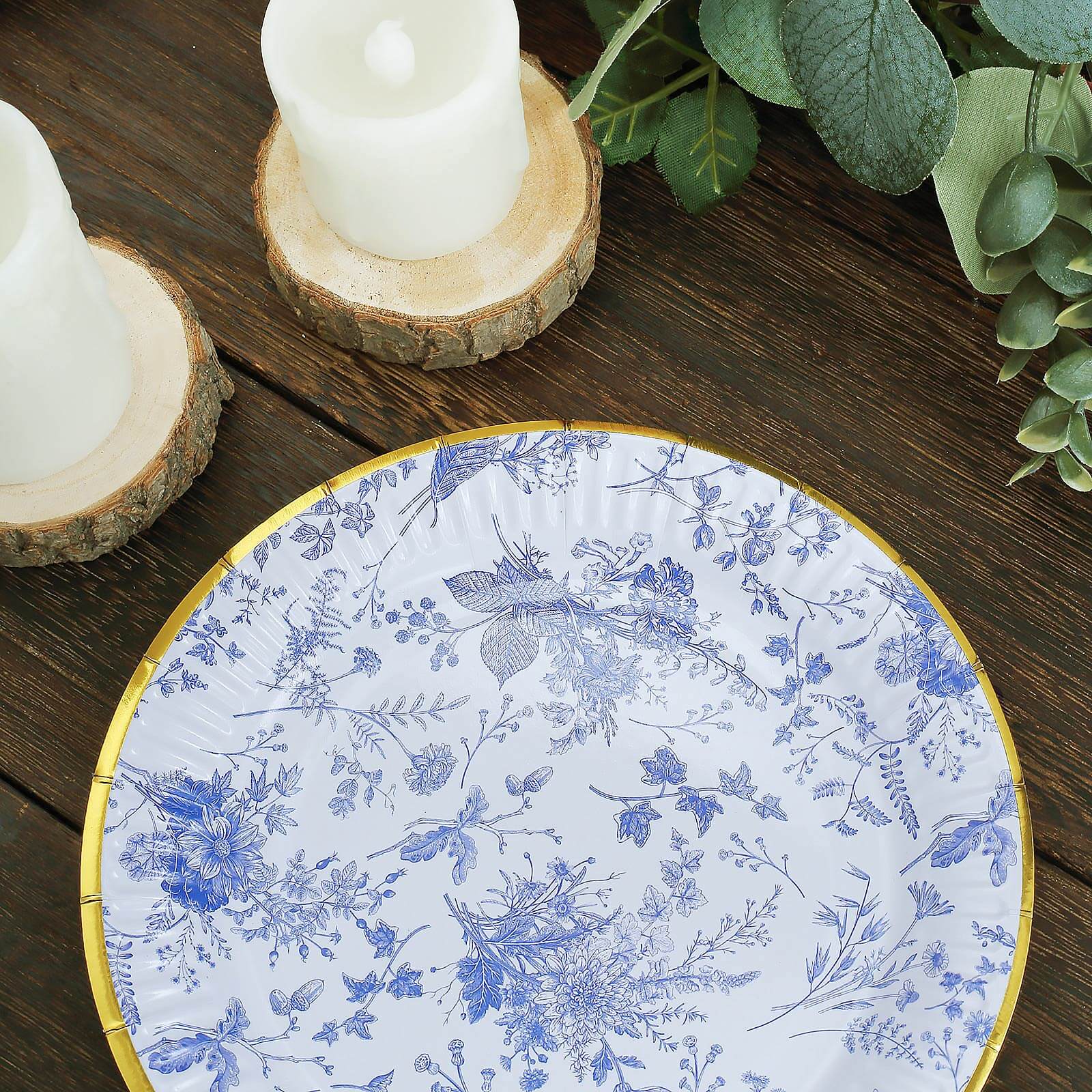 25-Pack Paper 7" Round Dessert Plates in White with Light Blue French Toile Pattern & Gold Rim - Disposable Salad Appetizer Plates for Luncheons & Garden Themes