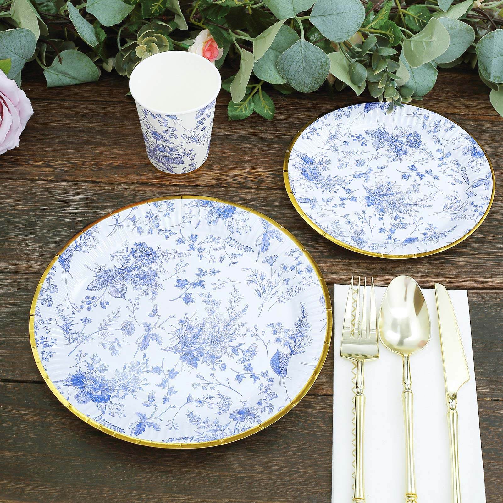 25-Pack Paper 9" Round Dinner Plates in White with Light Blue French Toile Pattern & Gold Rim - Disposable Party Plates for Picnics & Chic Brunches