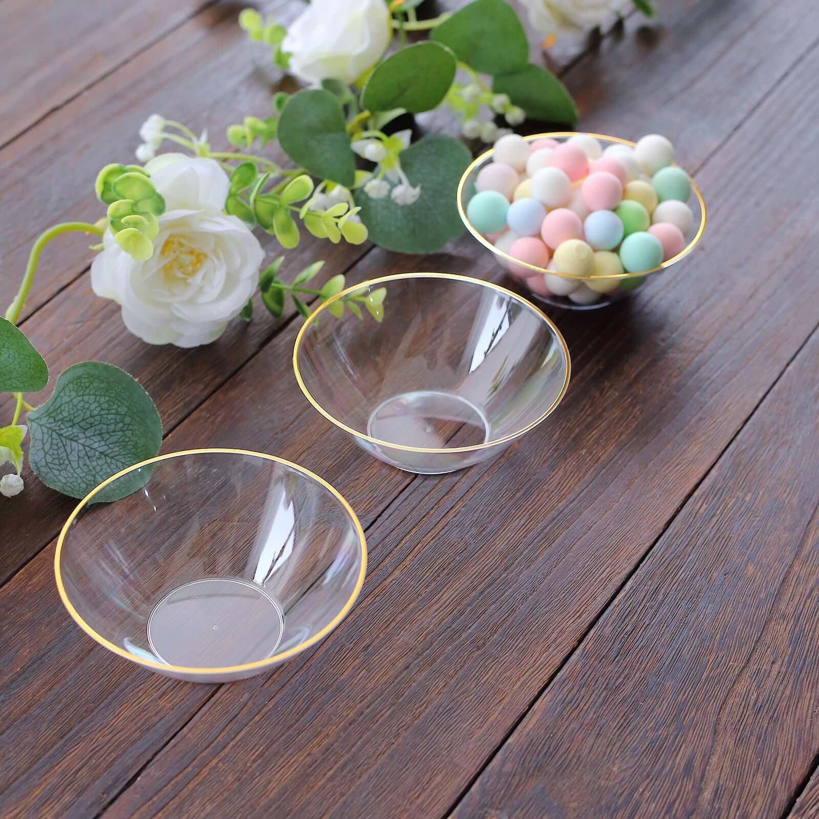 24-Pack Heavy Duty Plastic Ice Cream Bowls Clear Premium Gold Rim - Perfect for Celebrations 7oz