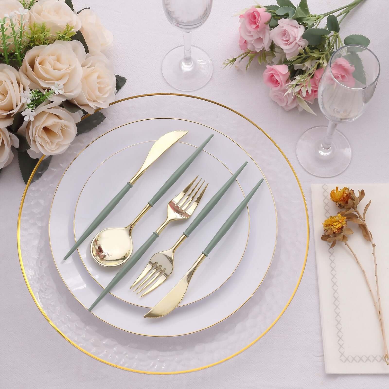 24-Pack Plastic Flatware Set in Metallic Gold with Dusty Sage Green Handle - Heavy Duty Disposable Modern Silverware 8"