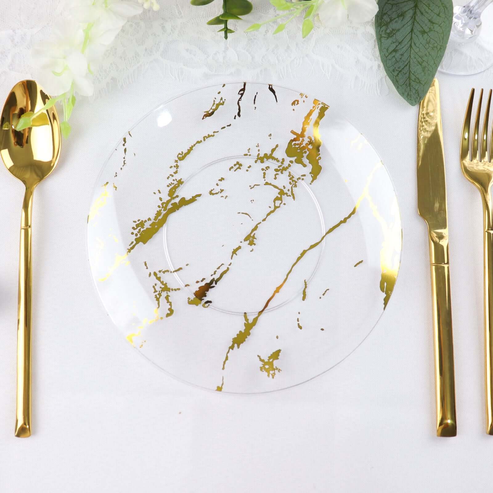10-Pack Plastic 8" Round Dessert Plates in Clear with Gold Marble Print - Disposable Appetizer/Salad Plates for Chic Banquets & Special Occasions