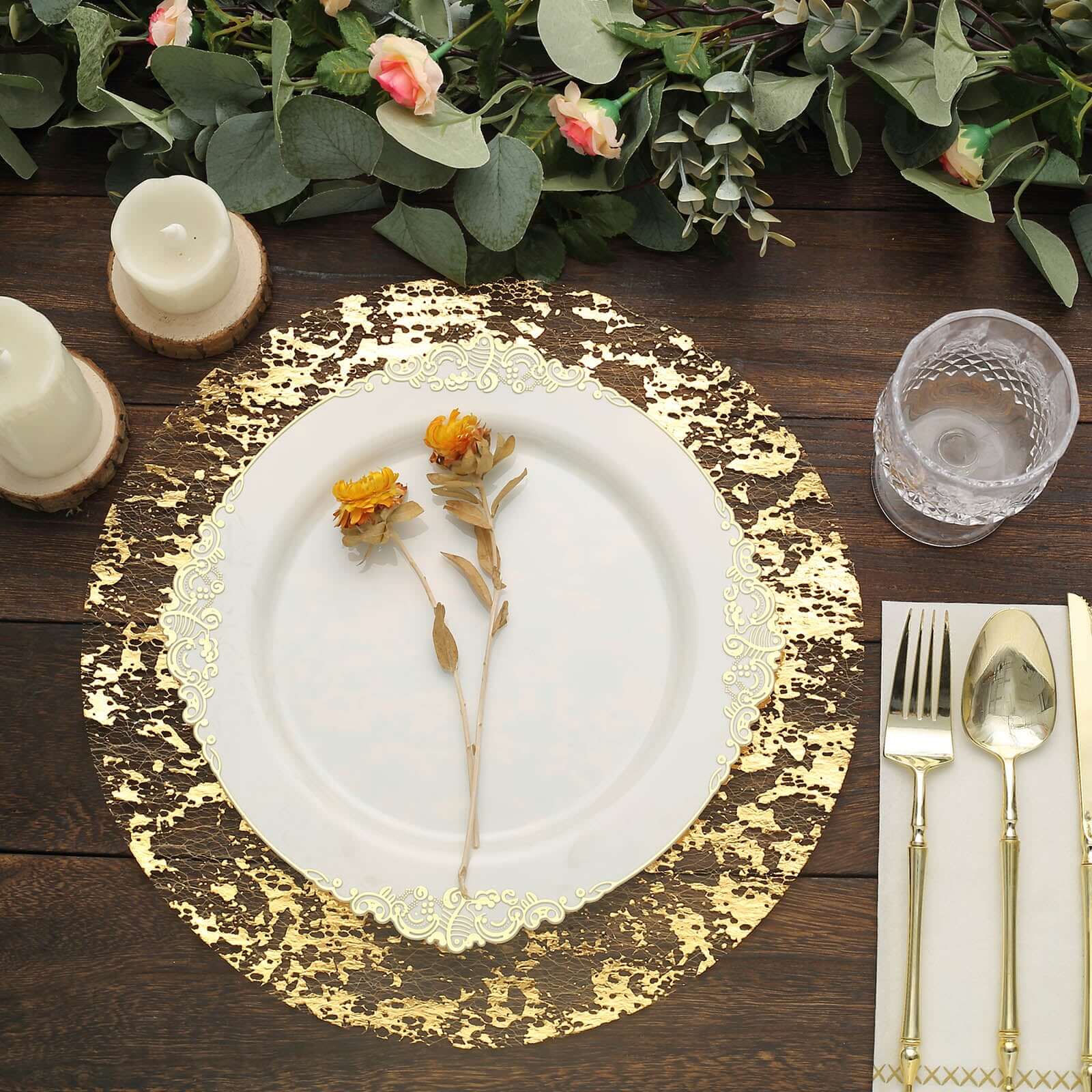 10-Pack Table Placemats Foil Design Metallic Gold Round - Mesh Disposable Shiny Dining Mats 13"