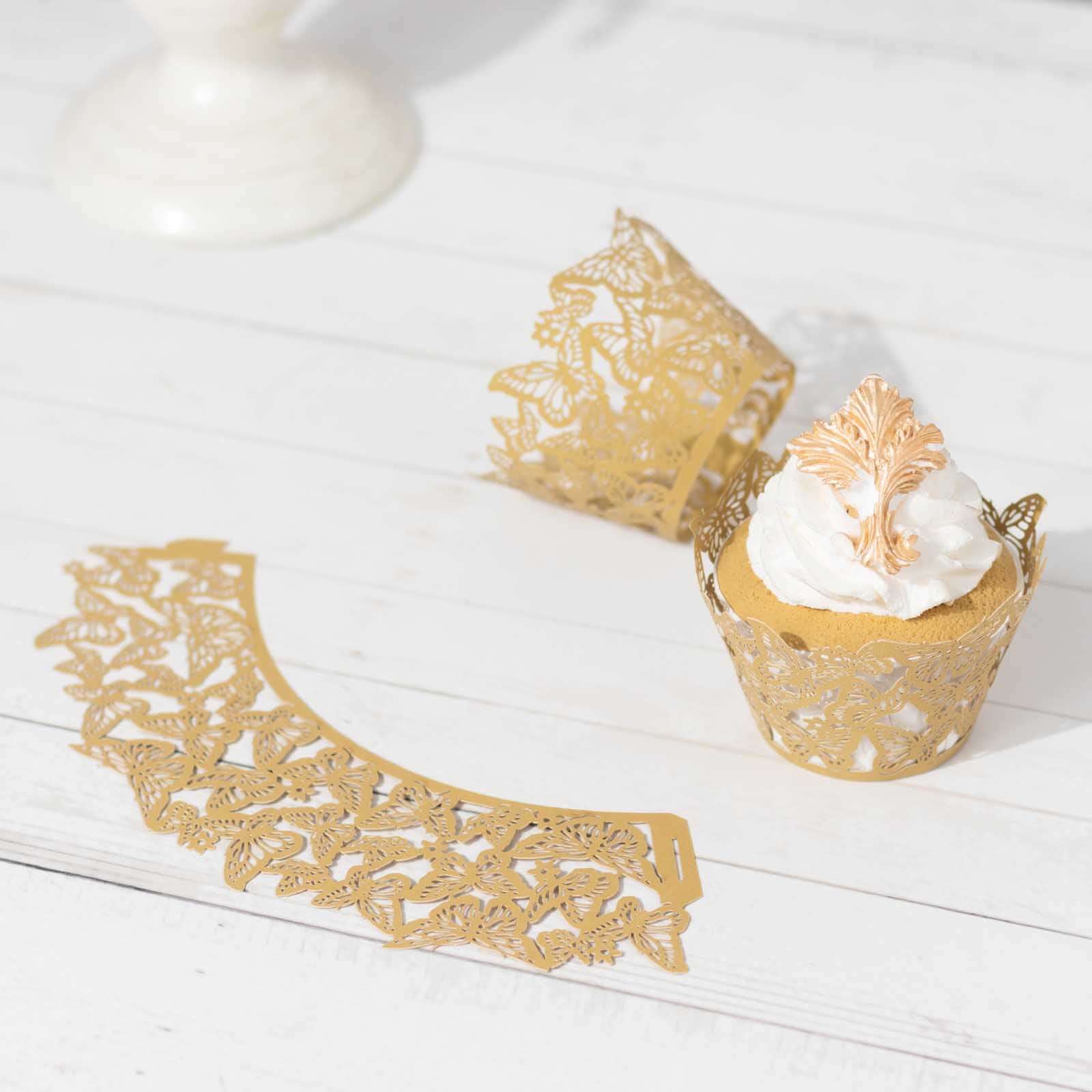 25-Pack Paper Cupcake Liners Butterfly Lace Pattern Design Gold - Round Muffin Wrapper Cups 3"