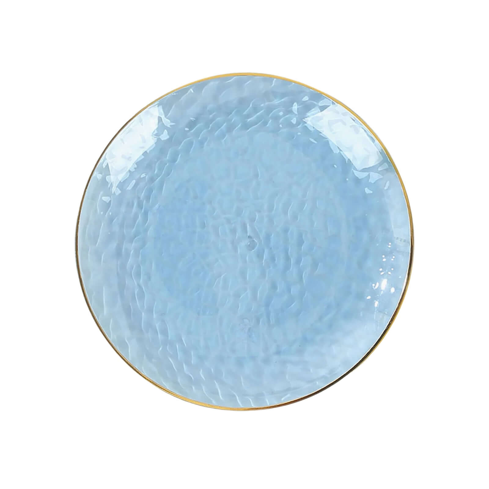 10-Pack Plastic 7" Round Dessert Appetizer Plates in Transparent Dusty Blue Hammered Design with Gold Rim - Modern Disposable Salad Plates