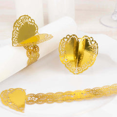 12 Pack Metallic Gold Foil Laser Cut Heart Paper Napkin Holders with Lace Pattern, Disposable Napkin Rings Bands