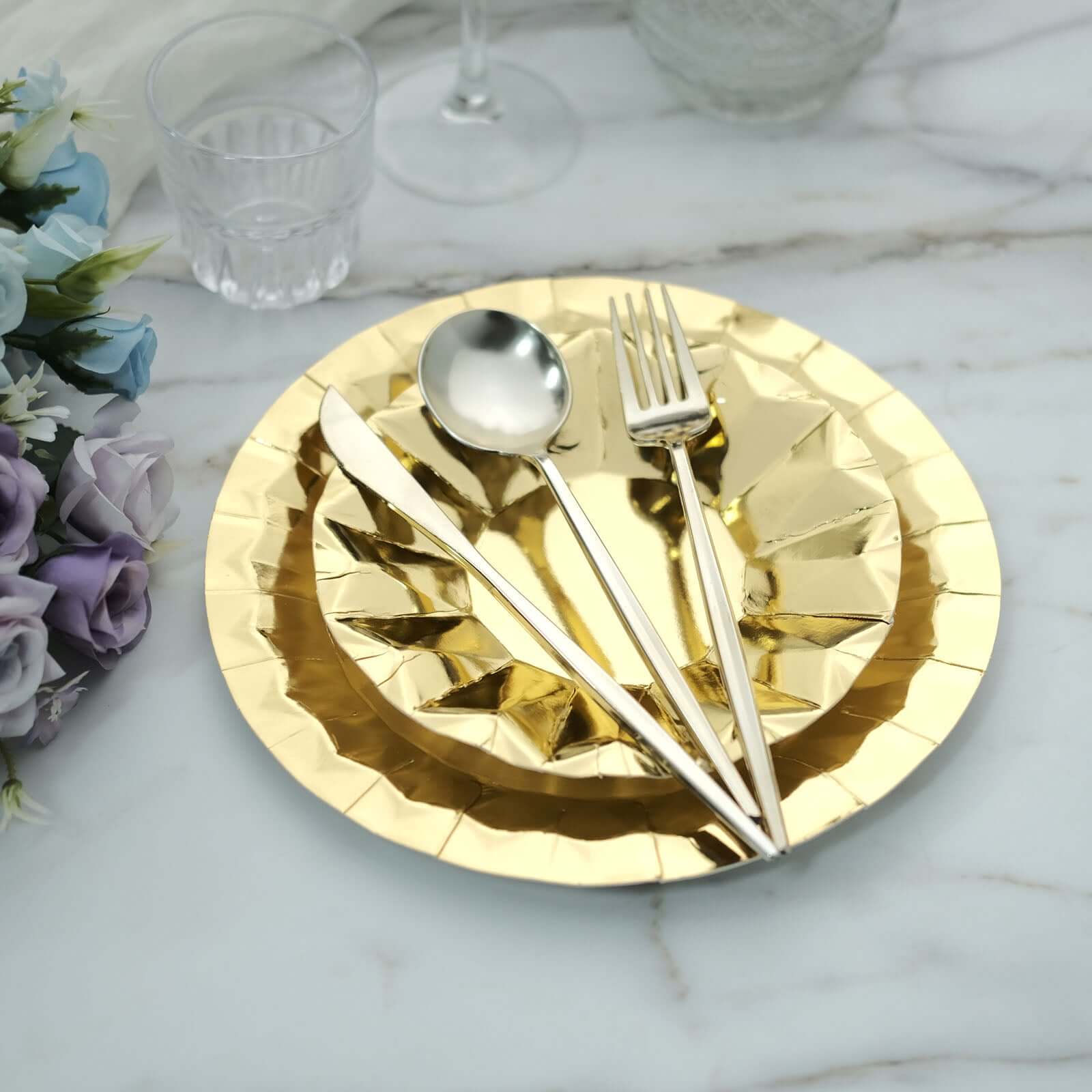 25-Pack Paper 7" Round Dessert Plates in Metallic Gold with Geometric Prism Rim - Disposable 400GSM Appetizer Salad Plates for Dinner Parties & Banquets