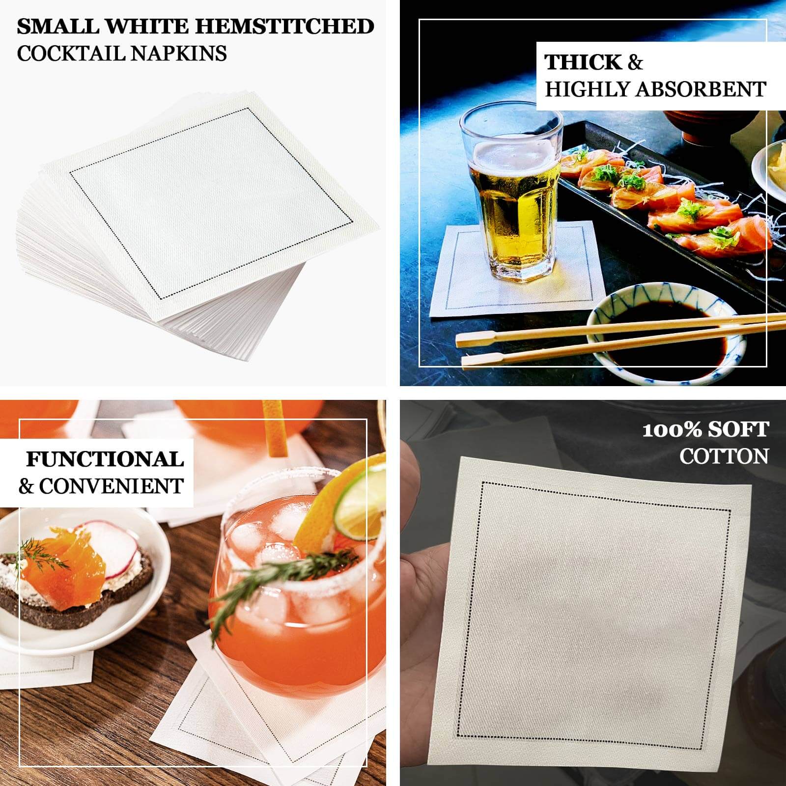 50-Pack Cotton Cocktail Napkins with Black Hemstitched Border White - Disposable 4.5"x4.5" Napkins for Events