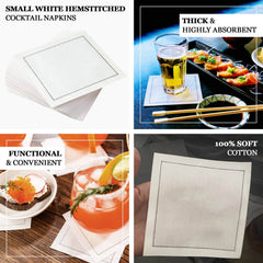 50-Pack Cotton Cocktail Napkins with Black Hemstitched Border White - Disposable 4.5"x4.5" Napkins for Events