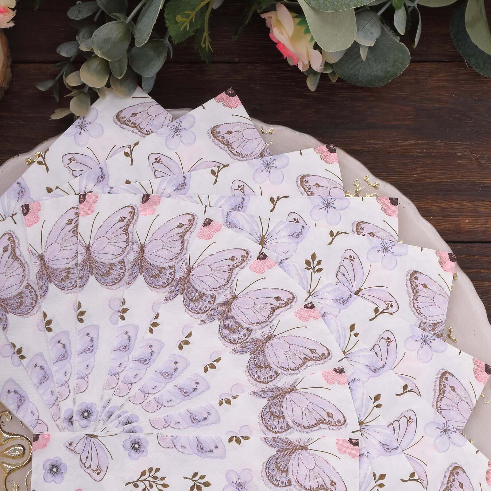 50-Pack Paper Beverage Napkins with Lavender Butterfly Floral Design Ivory - 2 Ply Soft 18GSM Garden Wedding Napkins 6.5"x6.5"