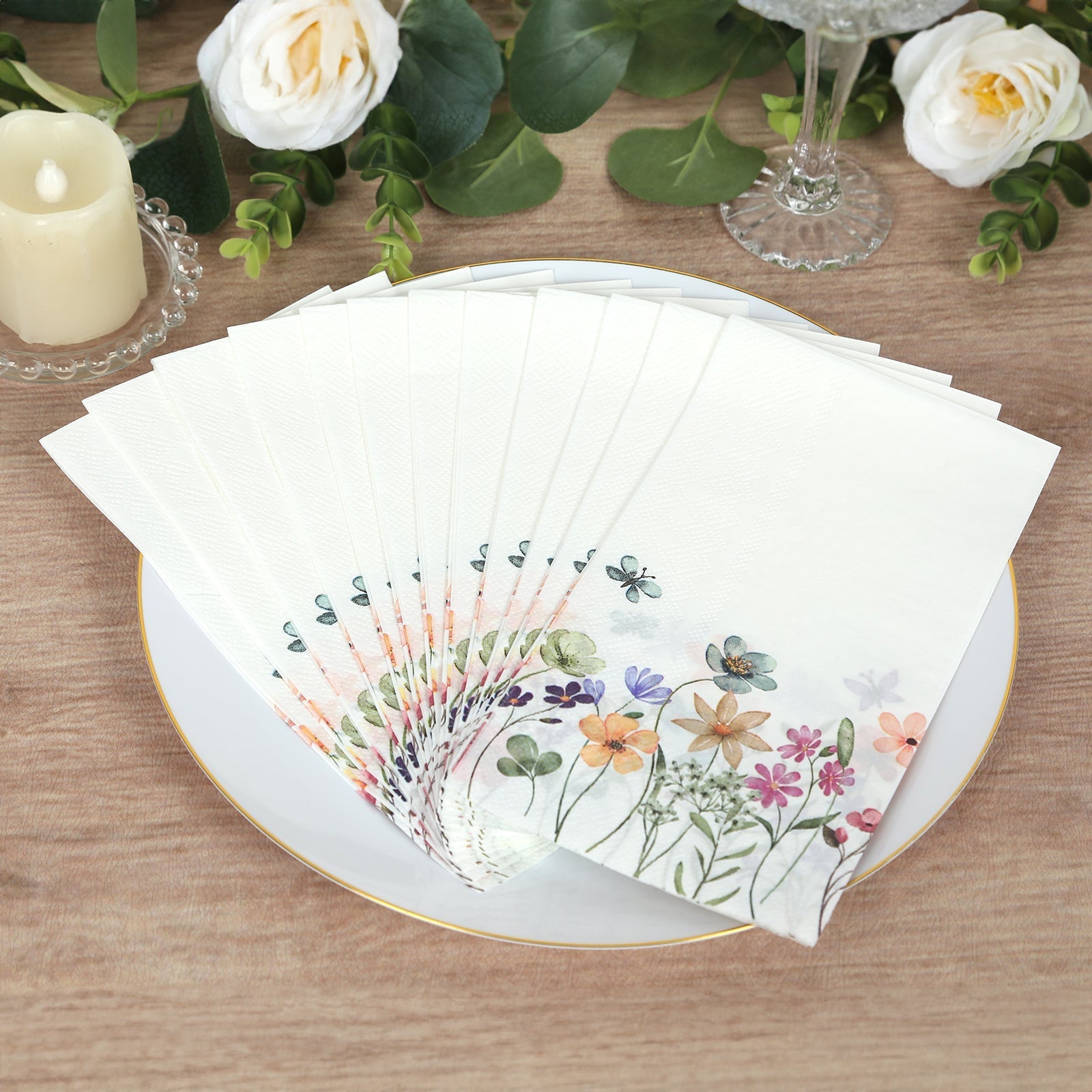 50-Pack Paper Dinner Napkins Wildflower Butterfly Design 2 Ply - Soft Disposable Napkins for Parties 8"x4"
