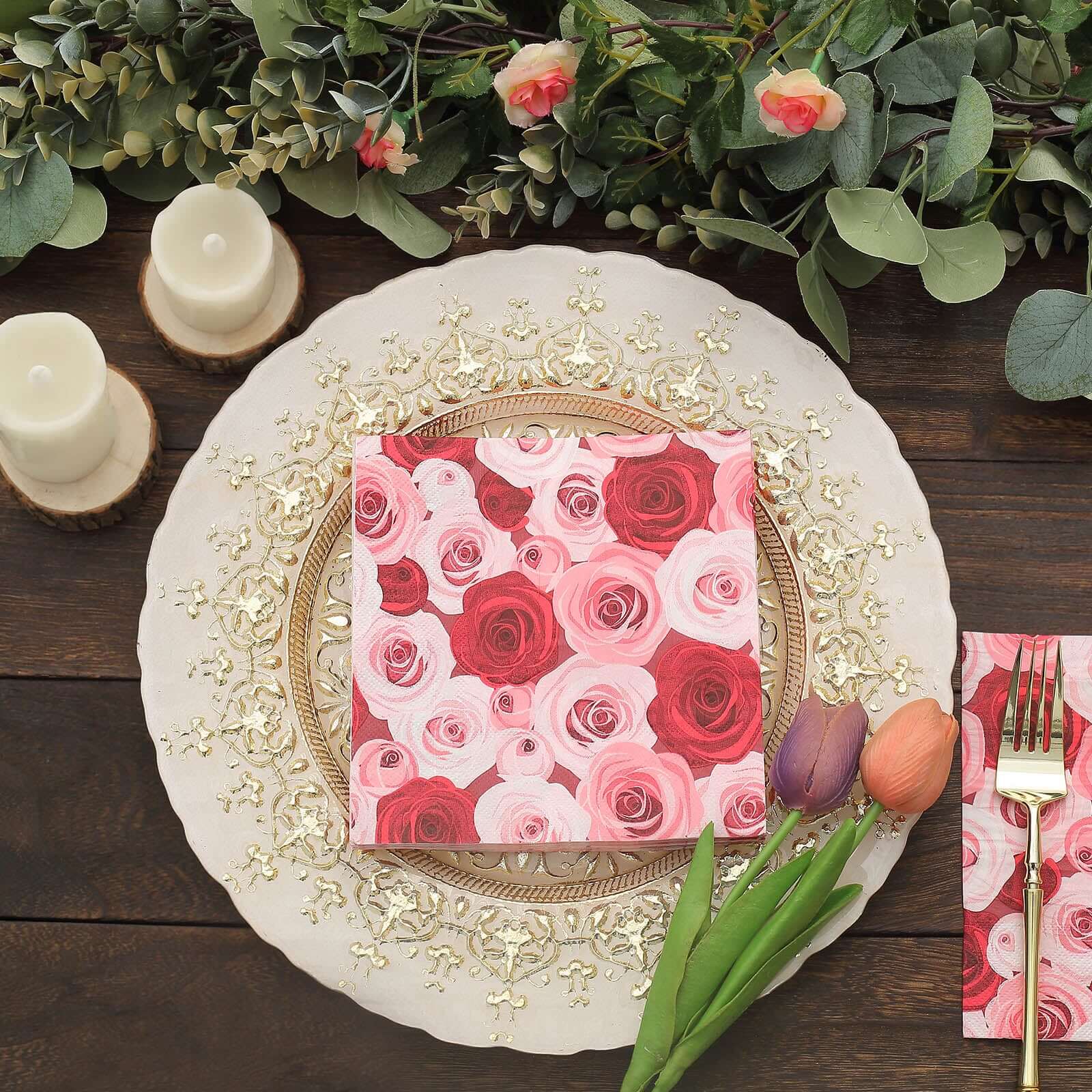 50-Pack Paper Beverage Napkins with Floral Design Red/Pink - 2 Ply Soft 18GSM Rose Garden Wedding Napkins 6.5"x6.5"