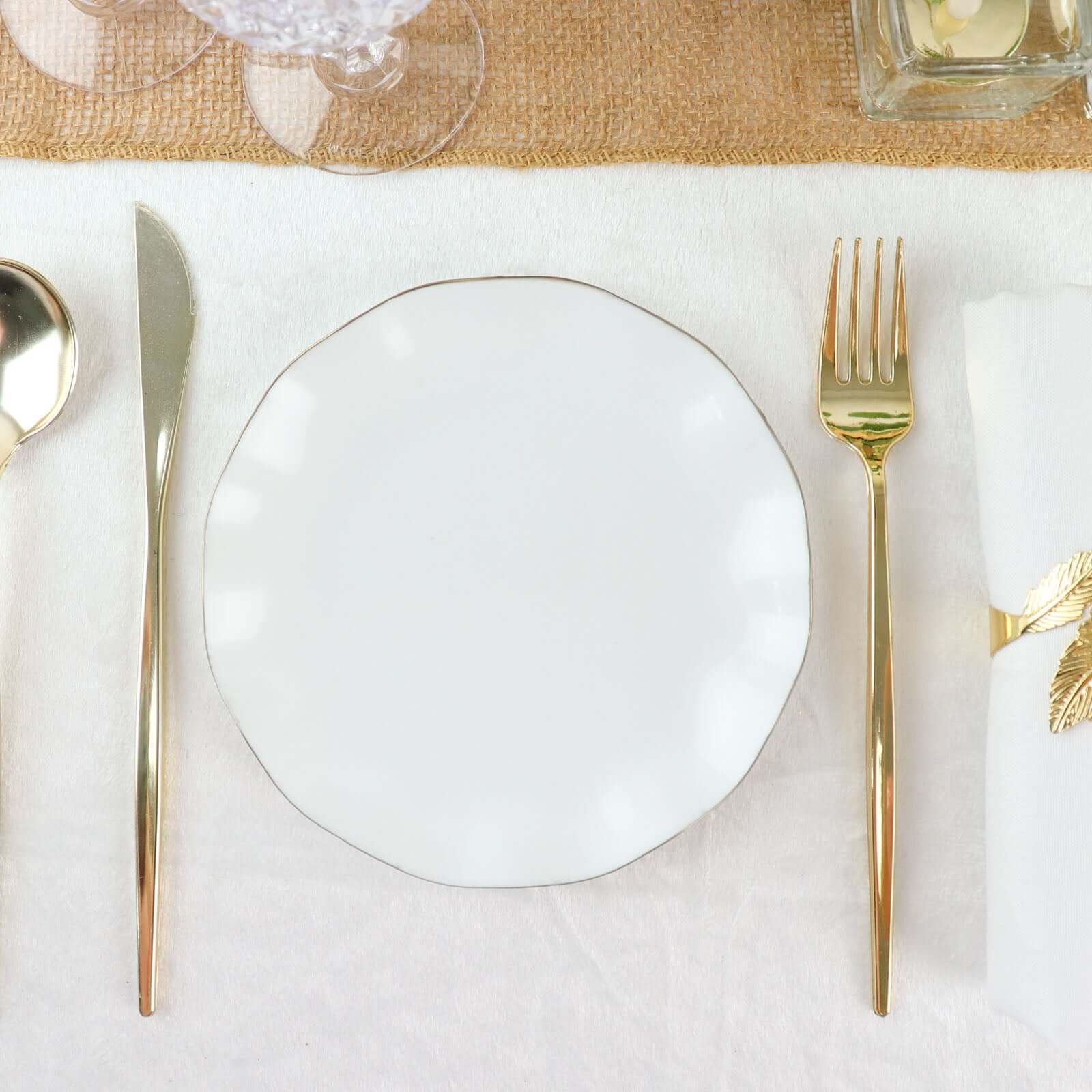 10-Pack Plastic Round 6" Dessert Plates in White Ruffled Rim with Gold Edging - Sturdy Disposable Salad Appetizer Dinnerware for Classy Events & Banquets