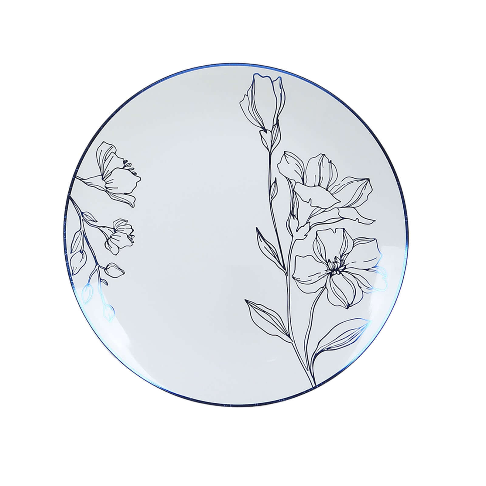 Set of 20 Plastic Round Dinner and Dessert Plates in White with Metallic Blue Floral Design - Stylish Disposable Dinnerware 8", 10"