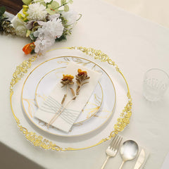 Set of 20 Plastic Round Dinner and Dessert Plates in White with Metallic Gold Floral Design - Stylish Disposable Dinnerware for Banquets & Special Occasions 8", 10"